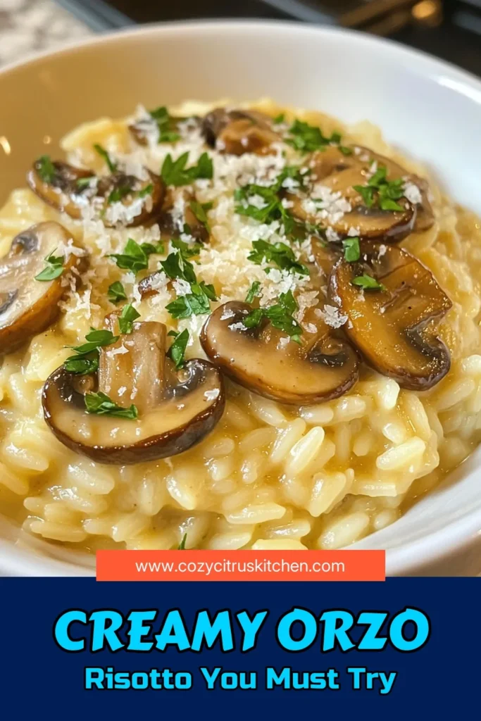 Indulge in this creamy mushroom risotto made with orzo pasta for a delightful vegetarian comfort food dish. This easy risotto recipe combines sautéed cremini mushrooms, garlic, and rich Parmesan for a scrumptious meal perfect for any occasion. Ready in just 30 minutes, this creamy mushroom risotto is a must-try! Save this orzo pasta recipe for your next cozy dinner. #CreamyMushroomRisotto #OrzoPastaRecipe #VegetarianRisotto #ComfortFoodMushroomDish