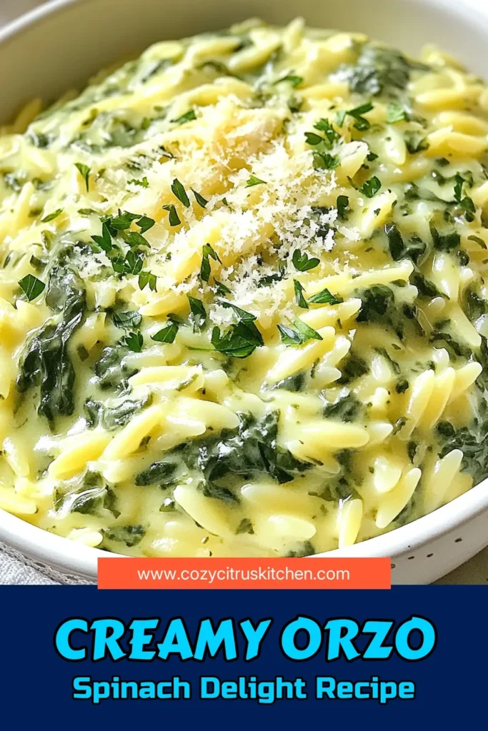 Indulge in this Creamy Parmesan Spinach Orzo that's perfect for a weeknight dinner! This Spinach Orzo Recipe combines rich flavors in an Easy Vegetable Pasta that's ready in just 30 minutes. Enjoy this One-Pot Pasta Dish that’s not only comforting but also a delicious way to sneak in some greens. Gather your ingredients and make this comforting dish today! Save for later! #CreamyParmesanOrzo #EasyVegetablePasta #OnePotPasta #ComfortFoodWithSpinach