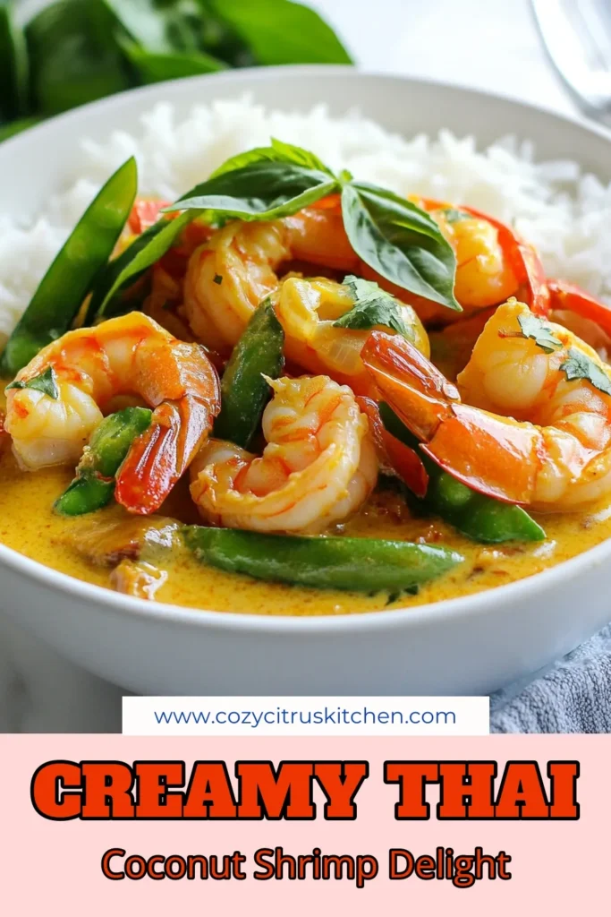 Discover the delightful flavors of Thai Coconut Shrimp Curry with this easy shrimp curry recipe! Combining creamy coconut milk and aromatic red curry paste, this coconut milk curry is perfect for a quick weeknight dinner. Elevate your meal with colorful bell peppers and snap peas for a nutritious touch. Save this recipe for a taste of Thailand tonight! Try it now! #ThaiCoconutShrimpCurry #ShrimpCurryRecipe #EasyThaiRecipes #CoconutMilkCurry