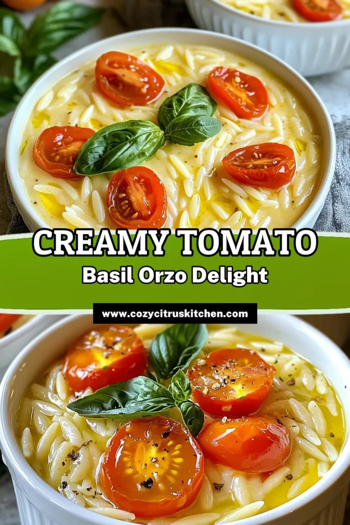 Savor the deliciousness of this Creamy Tomato Basil Orzo, the perfect Easy Orzo Recipe for any night of the week. This Vegetarian Pasta Dish combines cherry tomatoes, garlic, and creamy goodness in a simple One-Pot Orzo Recipe that everyone will love. Whip up this tasty Tomato Basil Pasta Recipe in just 30 minutes and delight your taste buds. Save this recipe for your next meal! #OrzoRecipes #VegetarianPasta #EasyDinner #TomatoBasil
