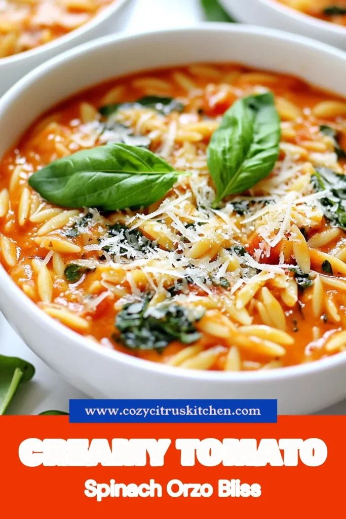 Looking for an easy and delicious meal? Try this creamy tomato spinach orzo that's perfect for busy nights! This vegetarian pasta dish combines the richness of creamy sauce with fresh spinach and tomatoes, making it one of the best easy orzo recipes out there. Ready in just 30 minutes, it's a quick creamy pasta you'll love. Save this recipe for a flavorful dinner idea! #CreamyTomatoSpinachOrzo #EasyOrzoRecipes #VegetarianPastaDishes #QuickCreamyPasta
