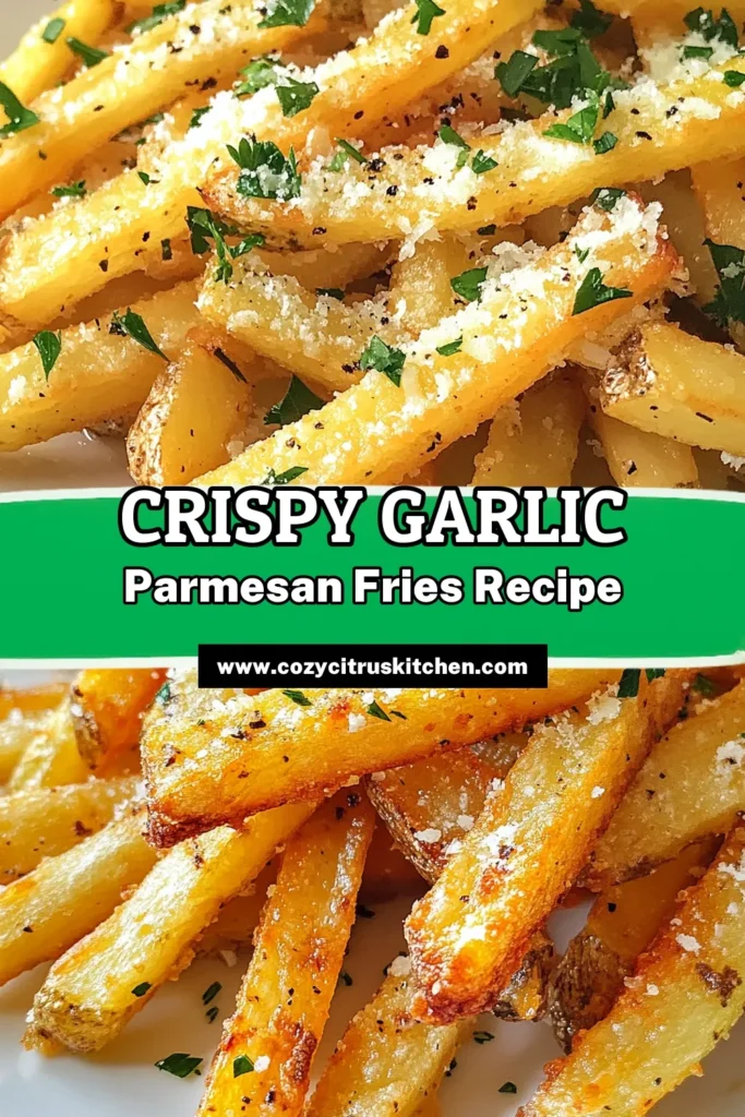 Discover how to make the ultimate Crispy Garlic Parmesan Fries with this easy oven-baked recipe! These homemade garlic fries are perfectly seasoned and topped with melted Parmesan cheese for an irresistible side dish. Your family will love these Baked Parmesan Fries, and they are a healthier alternative to traditional fries. Try making Garlic Parmesan Potatoes today! Don’t forget to save for later! #CrispyGarlicParmesanFries #BakedFries #HomemadeGarlicFries #OvenBakedFrenchFries