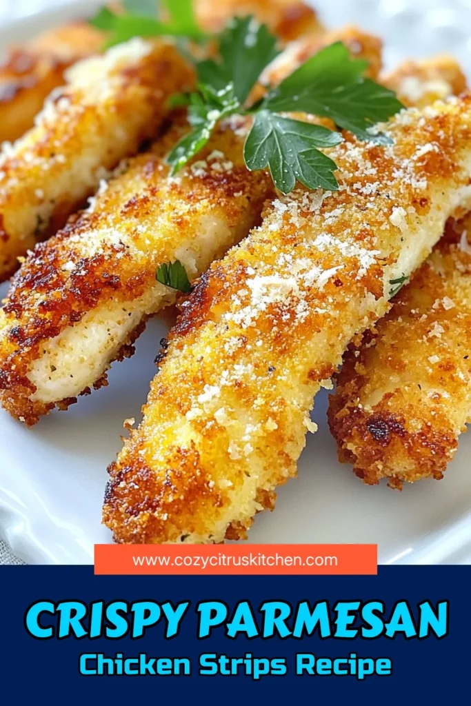 Discover the ultimate Parmesan crusted chicken strips recipe that delivers perfectly crispy chicken strips every time! This easy chicken parmesan recipe uses panko chicken breast for extra crunch and flavor. Bake your chicken strips in just 40 minutes for a delicious meal that the whole family will love. Don't forget to dip them in marinara sauce for the perfect finish! Save this recipe for quick weeknight dinners! #CrispyChicken #BakedChickenStrips #ParmesanChicken #EasyRecipes