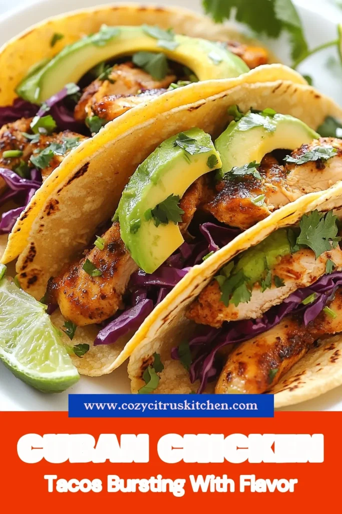 Discover the vibrant flavors of Cuban Mojo Chicken Tacos! This easy taco recipe features marinated chicken tacos bursting with citrus goodness from fresh orange and lime juice. Perfect for any taco night, these grilled chicken tacos are sure to impress. Ready in just over an hour, they’re topped with fresh cabbage and avocado for a refreshing twist. Save this delicious grilled chicken taco recipe for your next meal! #CubanMojoChickenTacos #EasyTacoRecipes #MarinatedChickenTacos #CitrusChickenTacos