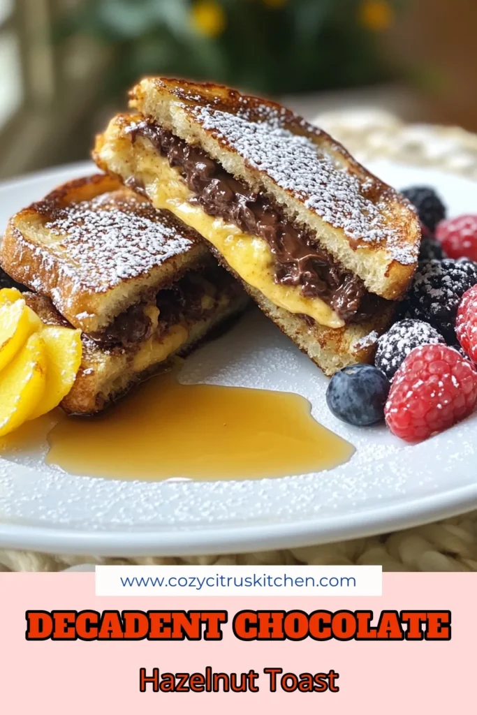 Indulge in this delicious Chocolate Hazelnut French Toast, a decadent breakfast recipe that will impress your family and friends. This stuffed French toast recipe features thick brioche bread slathered with chocolate hazelnut spread, creating a delightful treat. Serve with fresh berries and maple syrup for a perfect start to your day. Try this Brioche French Toast with Nutella today and make brunch extraordinary! Save this recipe and enjoy! #FrenchToast #BreakfastRecipes #Nutella #DecadentDelights