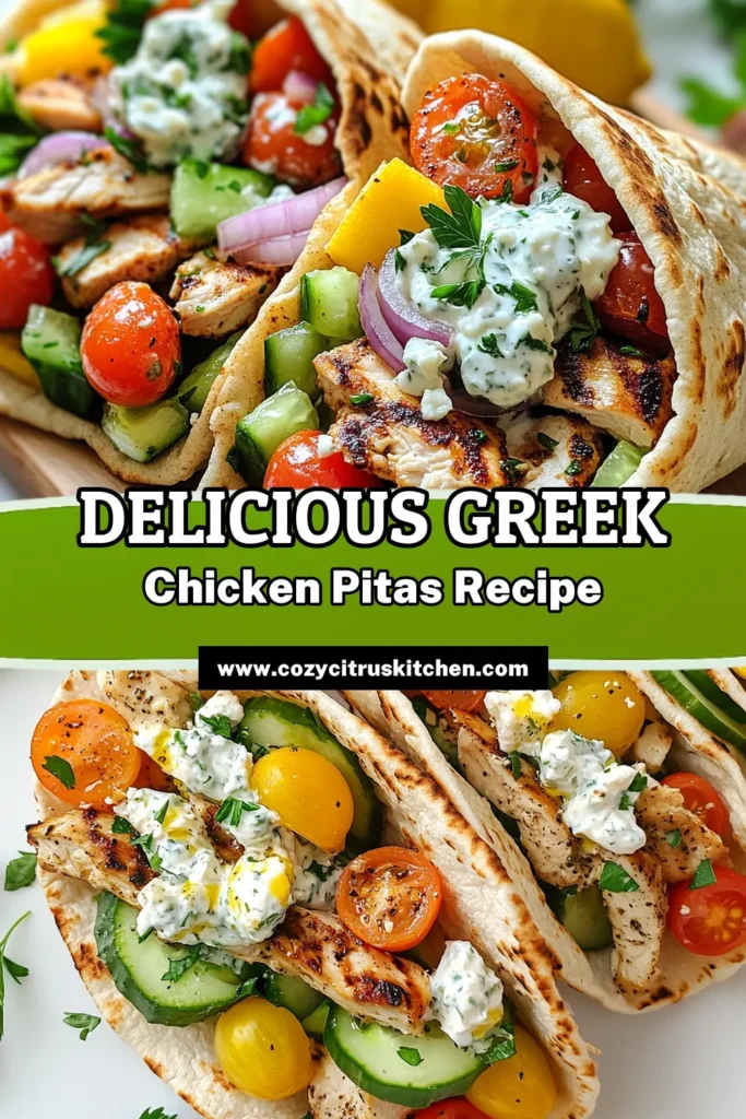 Discover the delightful flavors of Greek Chicken Pitas with this easy stuffed pita recipe! Enjoy juicy grilled chicken tossed in a zesty marinade, paired with fresh veggies and creamy tzatziki sauce—making it a perfect choice for healthy Greek recipes. Ideal for lunch or dinner, this Greek chicken pitas dish is sure to impress. Save this delicious grilled chicken recipe today and elevate your meal game! #GreekChicken #StuffedPita #HealthyRecipes #TzatzikiSauce
