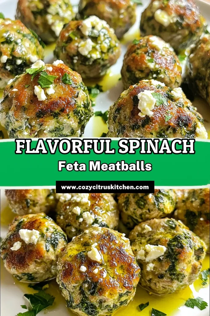Looking for a delicious and nutritious dinner option? Try these Spinach Feta Turkey Meatballs! This healthy turkey meatballs recipe is packed with flavor from ground turkey, fresh spinach, and creamy feta cheese. Perfect for a low-carb meal, these ground turkey meatballs with spinach are easy to make and sure to impress. Bake a batch today and enjoy a guilt-free treat! Save this recipe for later! #HealthyRecipes #Meatballs #LowCarb #TurkeyMeatballs