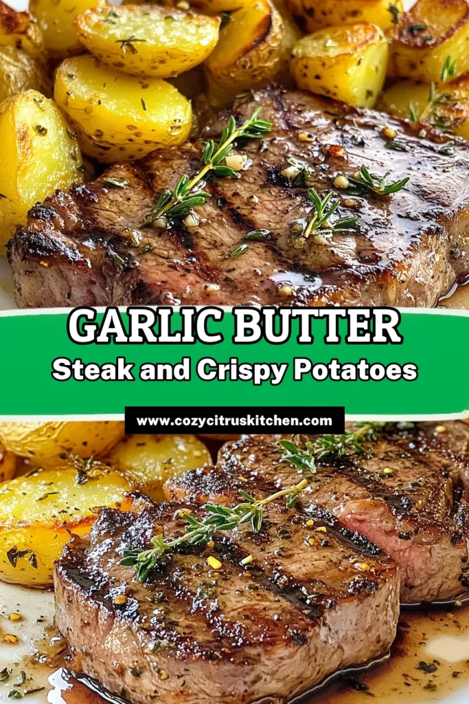 Savor the deliciousness of garlic butter steak paired with crispy potatoes! This easy steak dinner recipe features juicy ribeye steak with garlic butter, perfectly seared to perfection. Serve it alongside roasted Yukon Gold potatoes for a delightful crunch. Perfect for weeknight dinners or special occasions, this garlic butter steak with crispy potatoes recipe will impress everyone. Try it today! #GarlicButterSteak #CrispyPotatoesRecipe #EasySteakDinner #RibeyeSteak