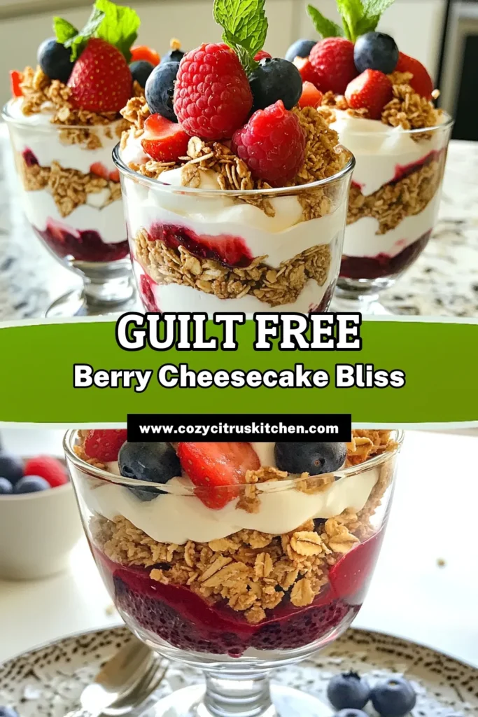 Indulge in these delicious Berry Protein Cheesecake Parfaits, the perfect low-fat cheesecake recipe for your dessert cravings. Packed with Greek yogurt parfaits, this mixed berry dessert layers rich cheesecake, fresh mixed berries, and crunchy granola for a satisfying treat. Easy to make and ready in under 45 minutes, this granola parfait recipe is ideal for any occasion. Try it today and save for later! #BerryProteinCheesecake #HealthyDesserts #LowFatRecipes #GranolaParfait
