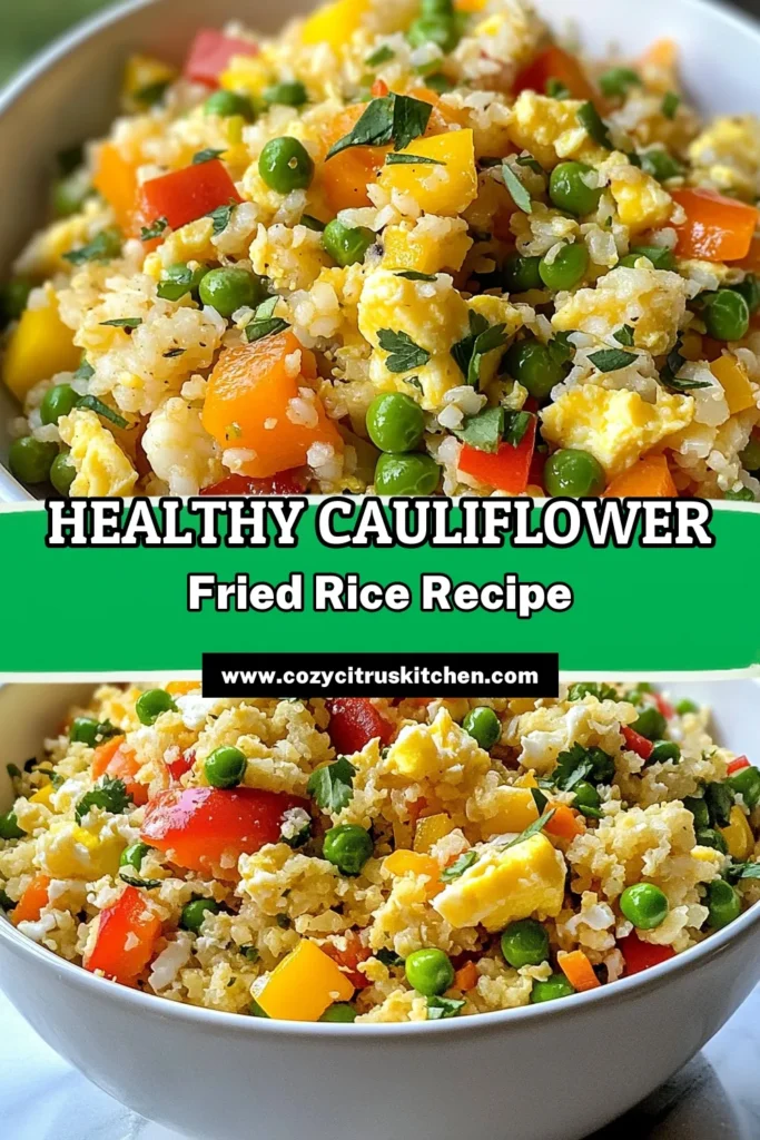Discover a delicious and nutritious way to enjoy your favorite dish with this cauliflower fried rice recipe! This healthy cauliflower recipe is a fantastic gluten-free fried rice option, packed with colorful vegetables. It's a low-carb rice alternative that's simple to make and packed with flavor. Perfect for meal prep or as a light dinner. Try it today and transform your meals! Save this recipe for a healthy weeknight dinner! #CauliflowerFriedRice #HealthyEating #LowCarbRecipes #GlutenFreeCooking