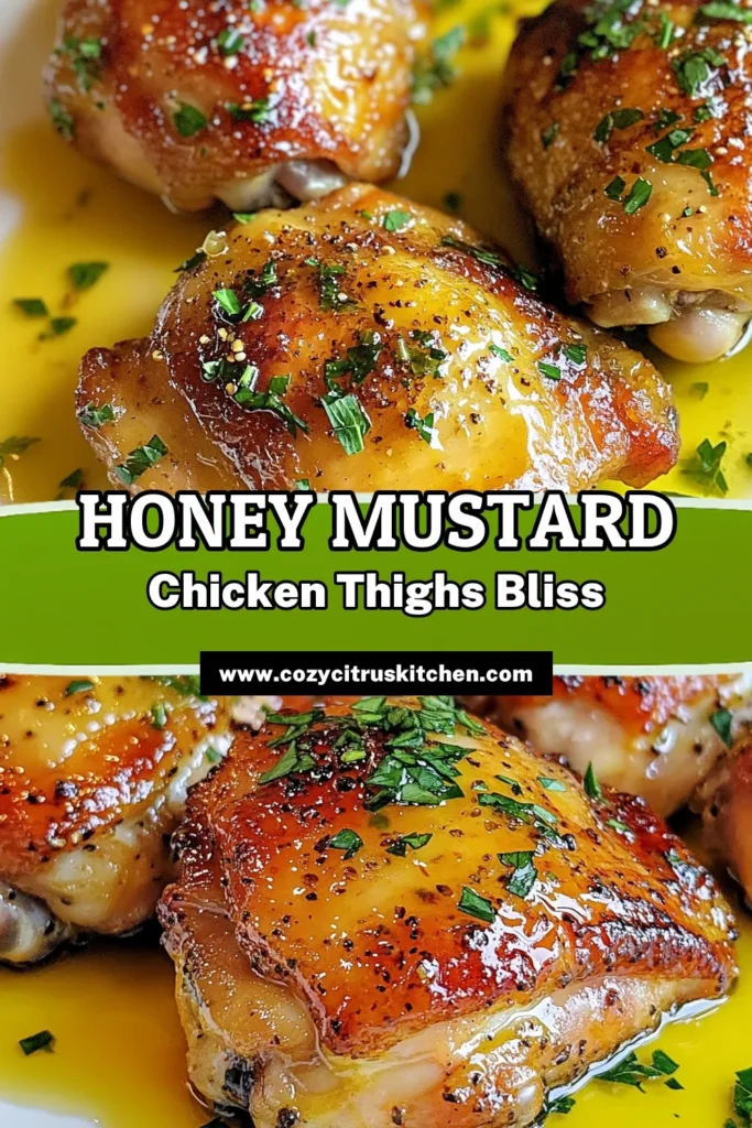 Discover the deliciousness of honey mustard chicken thighs with this easy chicken dinner recipe! These oven-baked chicken thighs are coated in a flavorful garlic honey mustard sauce that your whole family will love. Perfect for a healthy chicken recipe, this dish combines simplicity and taste for a satisfying meal. Try this recipe tonight and enjoy the tender, juicy chicken! Save this recipe for later! #HoneyMustardChickenThighs #EasyChickenDinner #HealthyChickenRecipes #OvenBakedChickenThighs