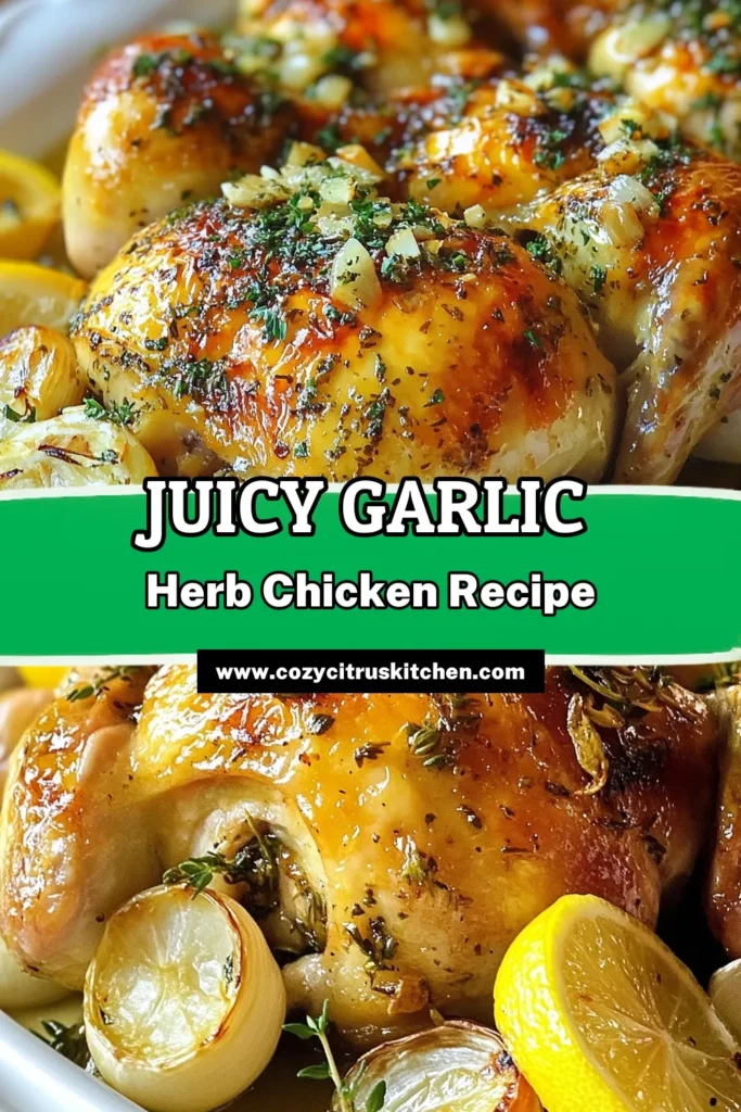 Looking for a delicious and easy roasted chicken dinner? Try this Garlic Herb Roasted Chicken recipe! This whole roasted chicken recipe features tender, juicy meat infused with a flavorful herb butter made from garlic, rosemary, and thyme. It's perfect for family gatherings or a cozy night in. Experience the ultimate comfort food with oven roasted chicken with garlic that everyone will love. Save this Garlic Herb Roasted Chicken recipe for your next meal! #GarlicHerbChicken #RoastedChicken #EasyDinner #HerbButterChicken