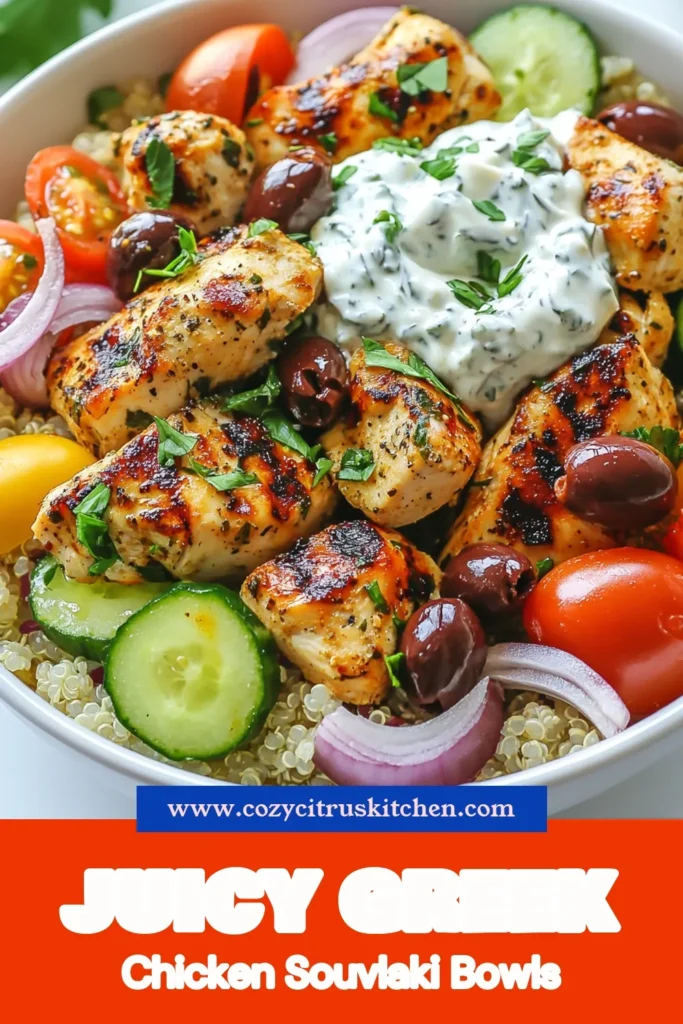 Elevate your dinner with this delicious Greek chicken souvlaki recipe! Enjoy flavorful grilled chicken gyro bowls topped with homemade tzatziki sauce, fresh veggies, and quinoa for a healthy Greek bowl recipe that's perfect for meal prep. These Mediterranean chicken salad bowls offer a taste of Greece right at home. Try this recipe today for a satisfying meal! Save and share! #GreekChickenSouvlaki #HealthyBowl #Tzatziki #MediterraneanDiet