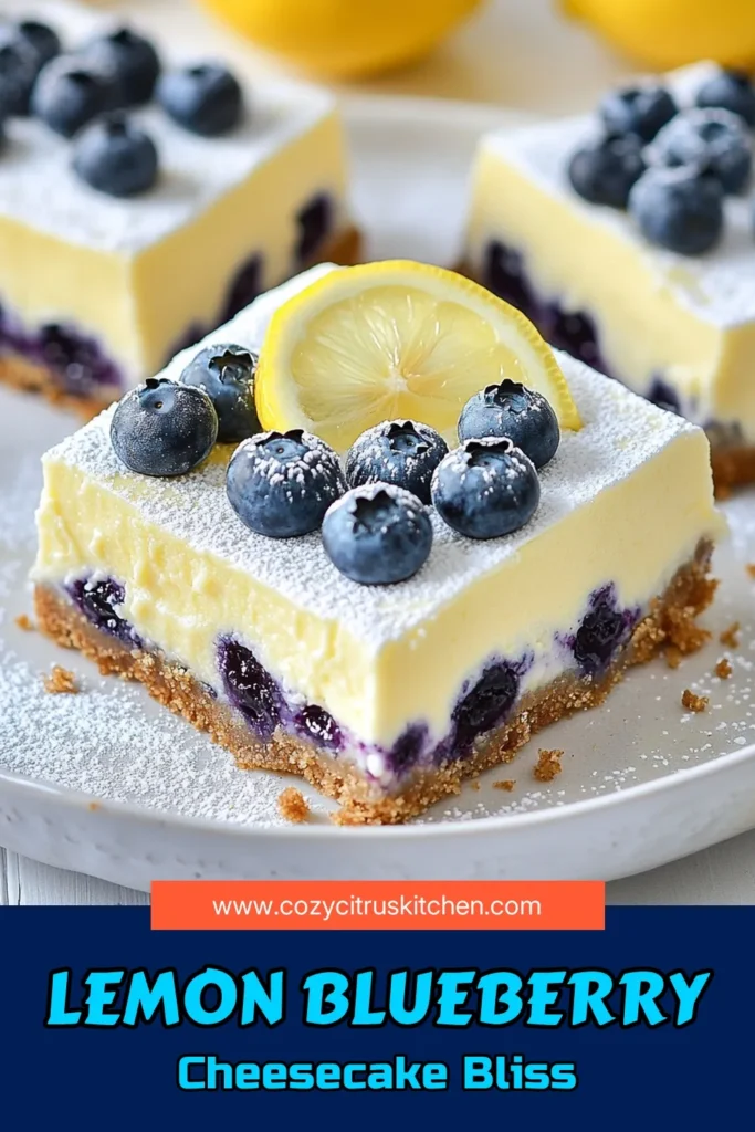Indulge in the delightful flavors of these Blueberry Lemon Cheesecake Bars, the perfect no-bake cheesecake bars for any occasion! This easy cheesecake recipe combines creamy lemon cheesecake with fresh blueberries for a refreshing dessert. Whether for a summer gathering or a sweet treat, these blueberry dessert bars will impress everyone. Try this lemon cheesecake bars recipe today and delight your taste buds! Save this for later! #BlueberryDessert #CheesecakeBars #NoBakeRecipe #EasyDessert