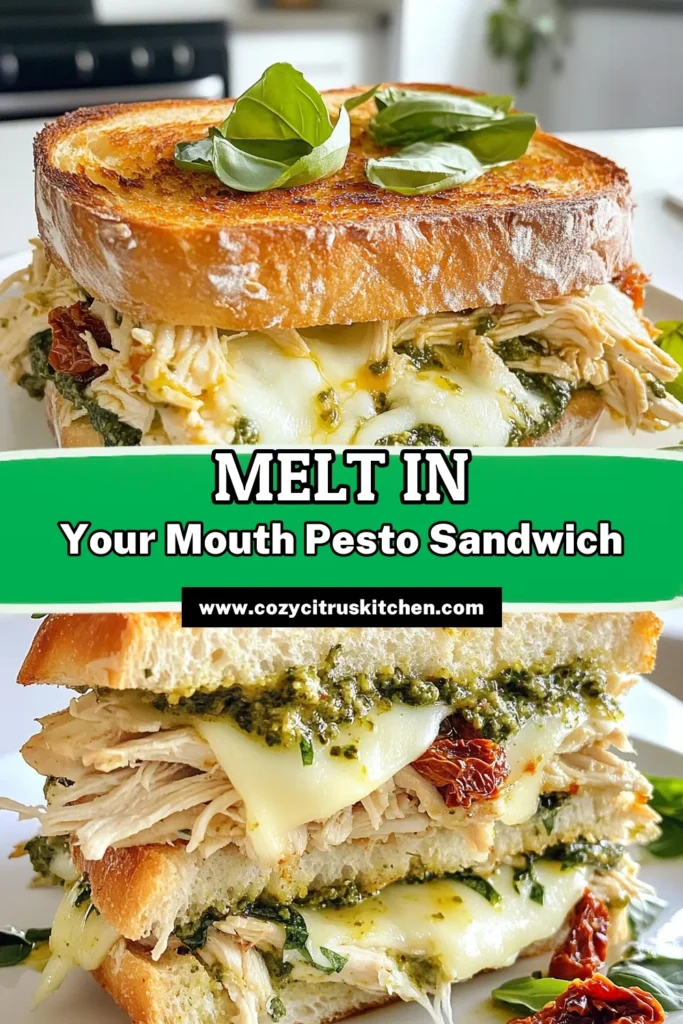 Indulge in the deliciousness of this Basil Pesto Chicken Sandwich Melt! Perfect for a cozy lunch, this chicken sandwich melt recipe combines tender shredded chicken, vibrant basil pesto, and gooey mozzarella cheese. Serve it on toasted sourdough for a perfect treat. Looking for creative sourdough sandwich ideas? This mozzarella cheese sandwich is a must-try! Don't miss out—save this sun-dried tomato sandwich recipe now! #ChickenSandwich #BasilPesto #SandwichMelt #SourdoughIdeas