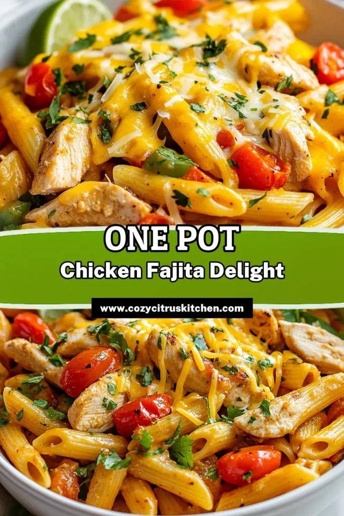 Savor the flavors of One Pot Chicken Fajita Pasta, an easy chicken pasta recipe that comes together in just 30 minutes! Perfect for quick dinner recipes, this dish combines tender chicken fajitas, colorful peppers, and cheesy goodness—all made in one pot. Simplify your weeknight meals with this delicious one pot meal that's sure to impress. Save this recipe for a hassle-free dinner tonight! #OnePotMeals #EasyChickenPasta #ChickenFajitas #QuickDinnerRecipes