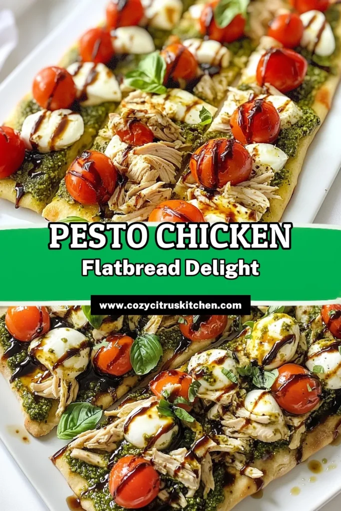 Discover the deliciousness of Pesto Chicken Caprese Flatbread, an easy chicken flatbread recipe that's perfect for any meal! With a homemade pesto recipe, tender shredded chicken, fresh mozzarella, and sweet cherry tomatoes, you’ll love the harmonious flavors topped with a balsamic glaze. Try this Pesto Chicken Flatbread today and enjoy a quick, satisfying dish that impresses! Save this recipe for your next meal! #PestoChickenFlatbread #CapreseFlatbreadRecipe #EasyChickenFlatbread #BalsamicGlazeFlatbread