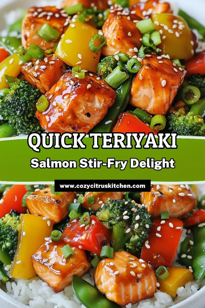 Looking for a quick and delicious dinner? This Teriyaki Salmon Stir-Fry is the perfect solution! Packed with healthy vegetables like colorful bell peppers, broccoli, and snow peas, it offers a vibrant and nutritious meal. Try this easy teriyaki sauce recipe that elevates simple salmon recipes to a whole new level. Ready in just 20 minutes, it's ideal for busy weeknights. Save this recipe for your next cooking adventure! #TeriyakiSalmonStirFry #QuickSalmonRecipes #HealthyStirFryRecipes #ColorfulVegetableStirFry