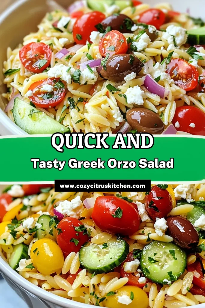 Looking for a fresh and vibrant dish? Try this Greek Orzo Salad with Feta! This Mediterranean salad with feta is made with tender orzo pasta, juicy cherry tomatoes, crisp cucumber, and Kalamata olives, perfect for any occasion. It’s a quick healthy salad that’s ready in just 30 minutes! Don’t miss out on this delicious orzo pasta recipe—save it for your next meal! #GreekOrzoSalad #MediterraneanSalad #OrzoPastaRecipe #QuickHealthySalad