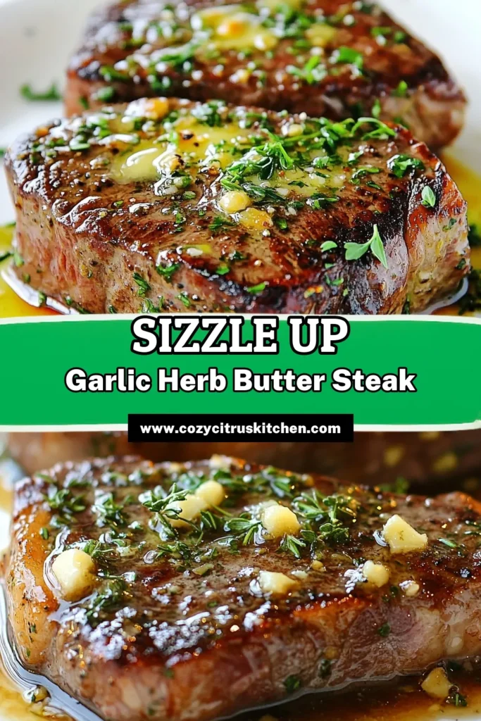 Indulge in a delicious Garlic Herb Butter Steak with this Ribeye Steak Skillet Recipe! This easy steak dinner features perfectly seared ribeye steaks, enhanced with an irresistible herb butter baste recipe. Get tender, juicy steaks ready in just 30 minutes, perfect for any night. Don't miss out on this culinary delight—save this recipe for your next meal! #GarlicHerbButterSteak #RibeyeSteak #EasySteakDinner #CookingAtHome
