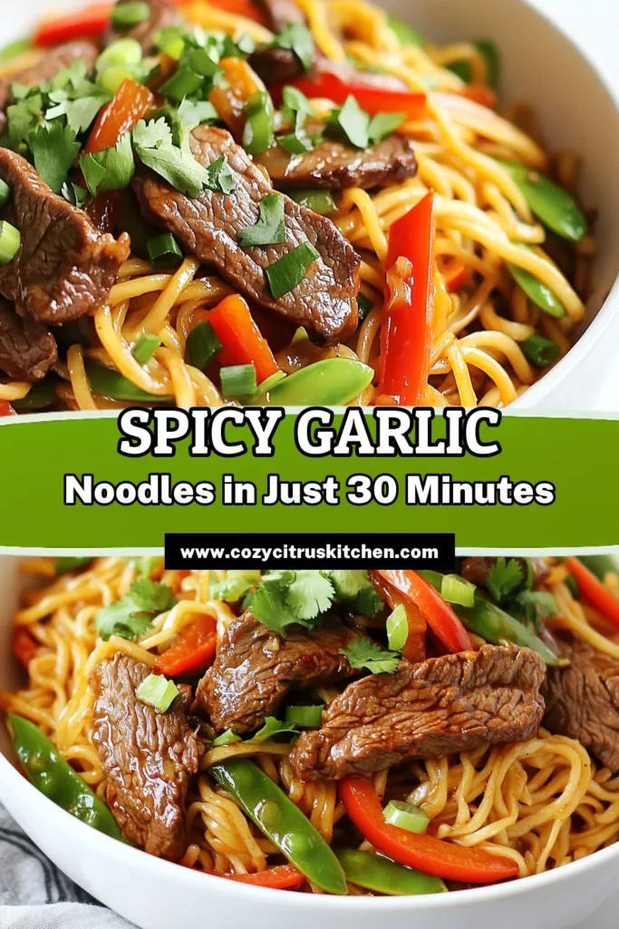 Craving a quick and delicious meal? Try these Spicy Garlic Noodles with Beef! This beef garlic noodles recipe features tender beef and vibrant veggies tossed in chili garlic sauce for a flavor-packed dish. Perfect as a quick stir fry noodles option, this Asian garlic noodles recipe is ready in just 30 minutes. Don't miss out on this easy and tasty dinner! Save this recipe to elevate your weeknight meals! #SpicyGarlicNoodles #BeefGarlicNoodles #QuickStirFry #AsianGarlicNoodles