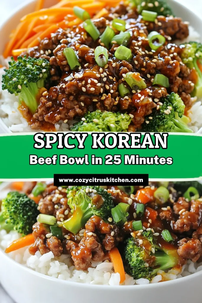 Create a delicious and satisfying meal with this Spicy Korean Beef Recipe! These Korean beef bowls are an easy beef dinner perfect for busy nights. Featuring flavorful gochujang beef, this quick Asian meal can be made in just 25 minutes. Packed with veggies and served over rice, it's a family favorite. Try this mouthwatering recipe tonight and watch everyone ask for seconds! Save this for your next meal idea. #SpicyKoreanBeef #EasyDinner #KoreanBeefBowls #AsianCuisine