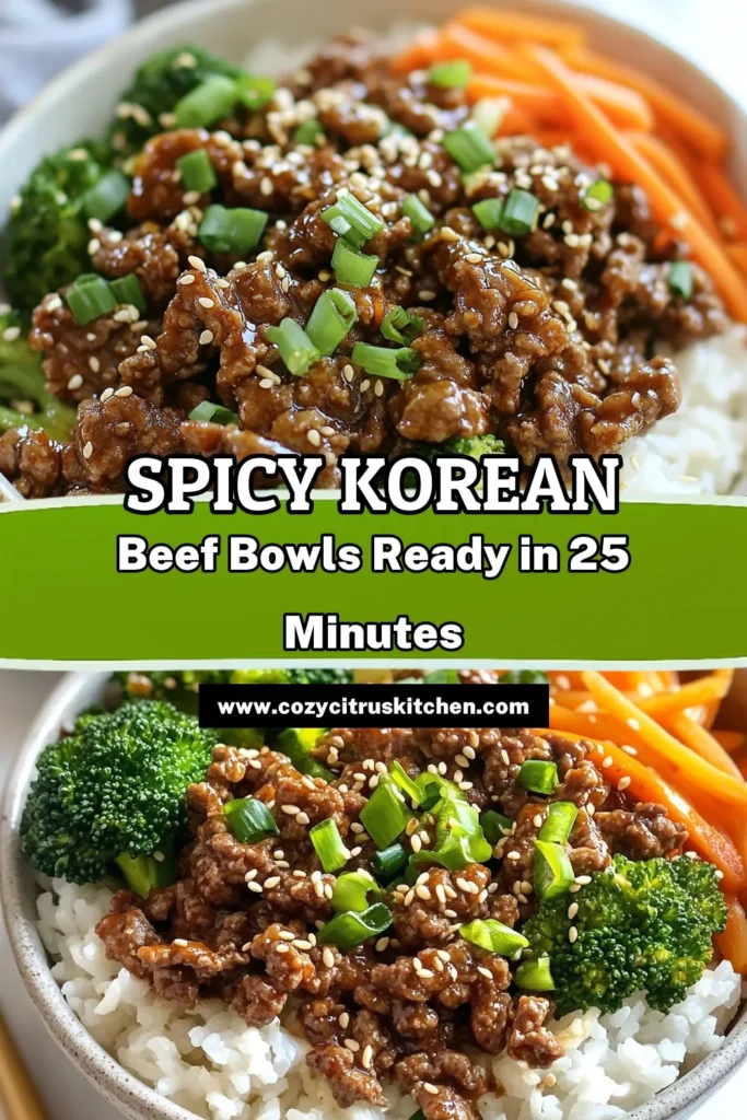 Create a delicious and easy weeknight meal with these Spicy Korean Beef Bowls! This Gochujang beef recipe combines savory ground beef with vibrant veggies for a quick and satisfying dish. Perfect for fans of ground beef Korean dishes, this Kimchi and beef bowl recipe is sure to impress. Ready in just 25 minutes, it's a must-try for your easy Korean dinner recipes collection. Save this recipe for your next family dinner! #KoreanBeef #EasyDinner #Gochujang #Foodie