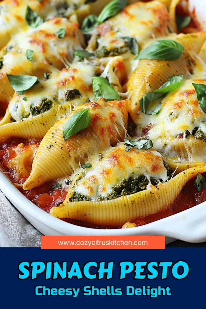 Dive into deliciousness with Cheesy Spinach Pesto Stuffed Shells! This Pesto Pasta Shells Recipe is a delightful vegetarian pasta bake that blends creamy ricotta, fresh spinach, and zesty basil pesto. Perfect as an easy cheesy pasta dish for dinner, your family will love these Spinach Ricotta Shells. Don't wait—try this mouthwatering recipe today and make meal time special! #CheesySpinachStuffedShells #PastaRecipes #VegetarianRecipes #EasyDinnerIdeas
