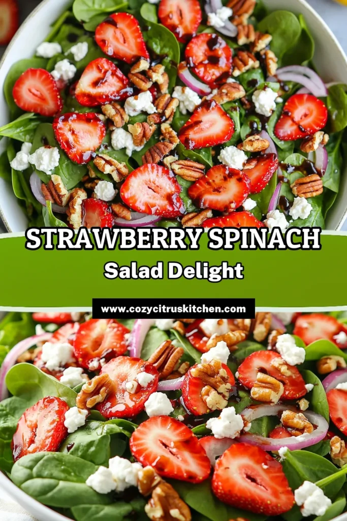Discover the delicious and nutritious Strawberry Spinach Salad with Goat Cheese! This Healthy Spinach Salad combines fresh baby spinach, juicy strawberries, and creamy goat cheese, all topped with a delightful balsamic vinegar dressing. Perfect as a light meal or a side dish, this Goat Cheese Salad Recipe is a must-try! Save this recipe for a refreshing dish that’s sure to impress. #StrawberrySpinachSalad #GoatCheese #HealthyRecipes #SaladLove