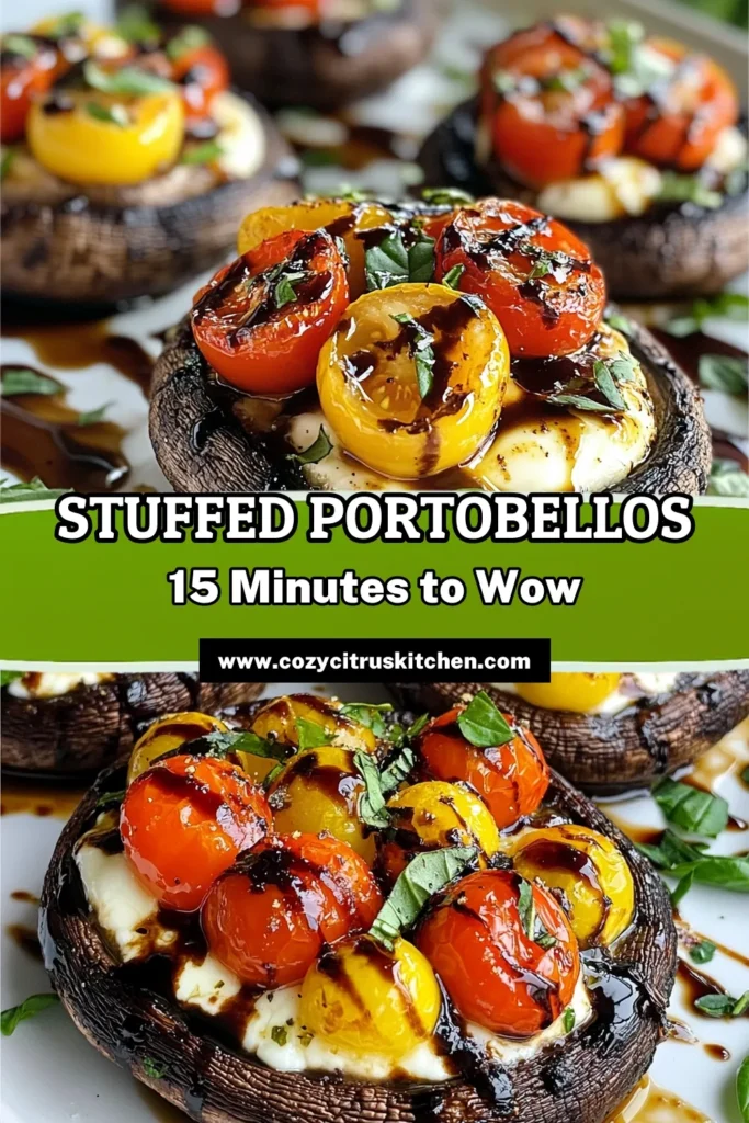 Discover the deliciousness of Caprese stuffed mushrooms with this easy Portobello mushroom recipe! These mouthwatering mozzarella stuffed portobellos are topped with cherry tomatoes and fresh basil, all glazed with a rich balsamic reduction. Perfect as easy vegetarian appetizers or a crowd-pleasing side dish. Ready in just 35 minutes, these balsamic glazed mushrooms will wow your guests. Save this recipe for your next gathering! #CapreseStuffedMushrooms #EasyVegetarianAppetizers #PortobelloMushroomRecipe #BalsamicGlazedMushrooms