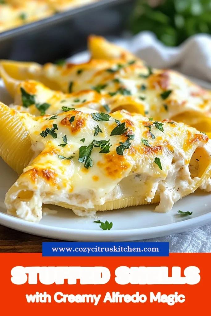 Indulge in a delicious Chicken Alfredo Dinner with these Creamy Chicken Alfredo Stuffed Shells! This Jumbo Pasta Shells Recipe is perfect for a cozy family meal. Stuffed with ricotta cheese and shredded chicken, this easy pasta bake recipe is bursting with flavor. Follow our simple steps for an irresistible dish that's sure to impress. Save this Ricotta Cheese Stuffed Shells recipe for your next cooking adventure! #ChickenAlfredo #PastaRecipe #ComfortFood #DinnerIdeas
