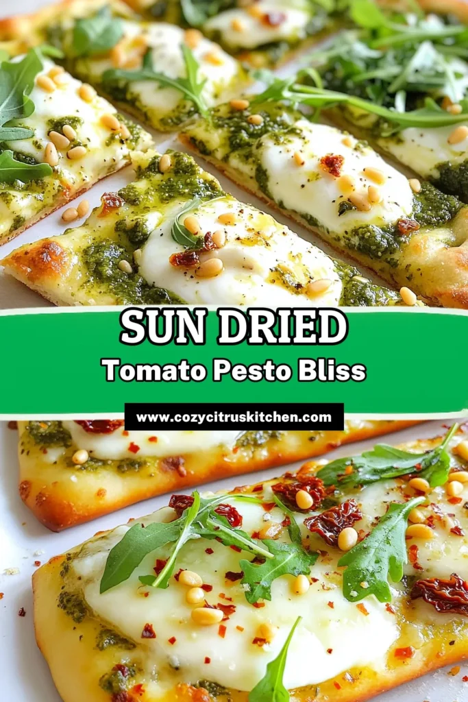 Elevate your snack game with this scrumptious sun-dried tomato pesto flatbread recipe! This easy flatbread appetizer features a delightful blend of sun-dried tomato pesto and mozzarella cheese, perfect for gatherings or a tasty weeknight treat. Impress your guests with this simple basil pesto flatbread topped with fresh arugula. Save this recipe for a delicious, quick meal! #FlatbreadRecipe #EasyAppetizers #MozzarellaCheese #SunDriedTomatoPesto