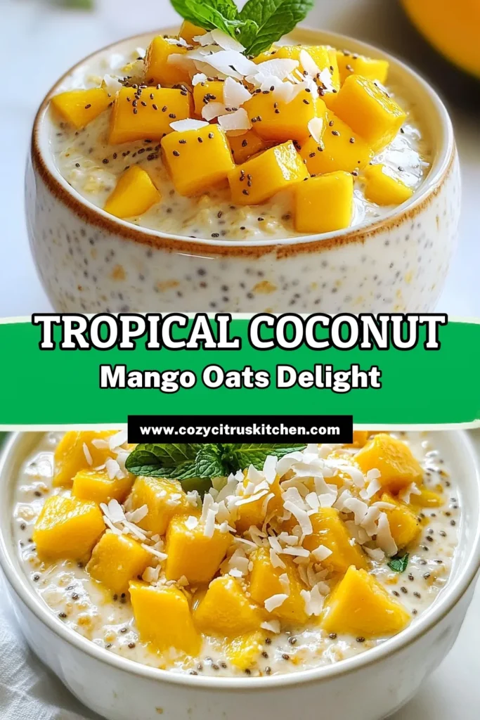 Start your day right with these delicious Coconut Mango Overnight Oats! This vegan overnight oats recipe combines rolled oats and creamy coconut milk for a healthy breakfast packed with flavor. An easy mango oats recipe perfect for meal prep, simply mix and refrigerate overnight. Enjoy a nutritious and tasty breakfast that’s quick to make and utterly satisfying. Try it now and save for later! #CoconutMangoOvernightOats #HealthyBreakfastRecipes #OvernightOatsWithCoconutMilk #VeganOvernightOatsRecipe