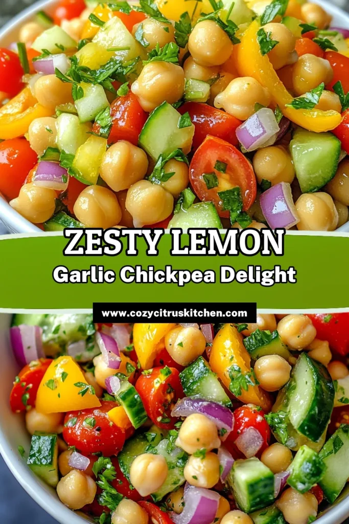 Discover this delicious Lemon Garlic Chickpea Salad that's perfect for a healthy meal! This chickpea salad recipe combines fresh ingredients like cucumber, cherry tomatoes, and bell pepper for a refreshing Mediterranean salad with chickpeas. With zesty flavors and easy prep, it's a great addition to your collection of healthy chickpea recipes. Try this zesty salad recipe today and enjoy! Save & share! #ChickpeaSalad #HealthyRecipes #MediterraneanDiet #ZestySalad