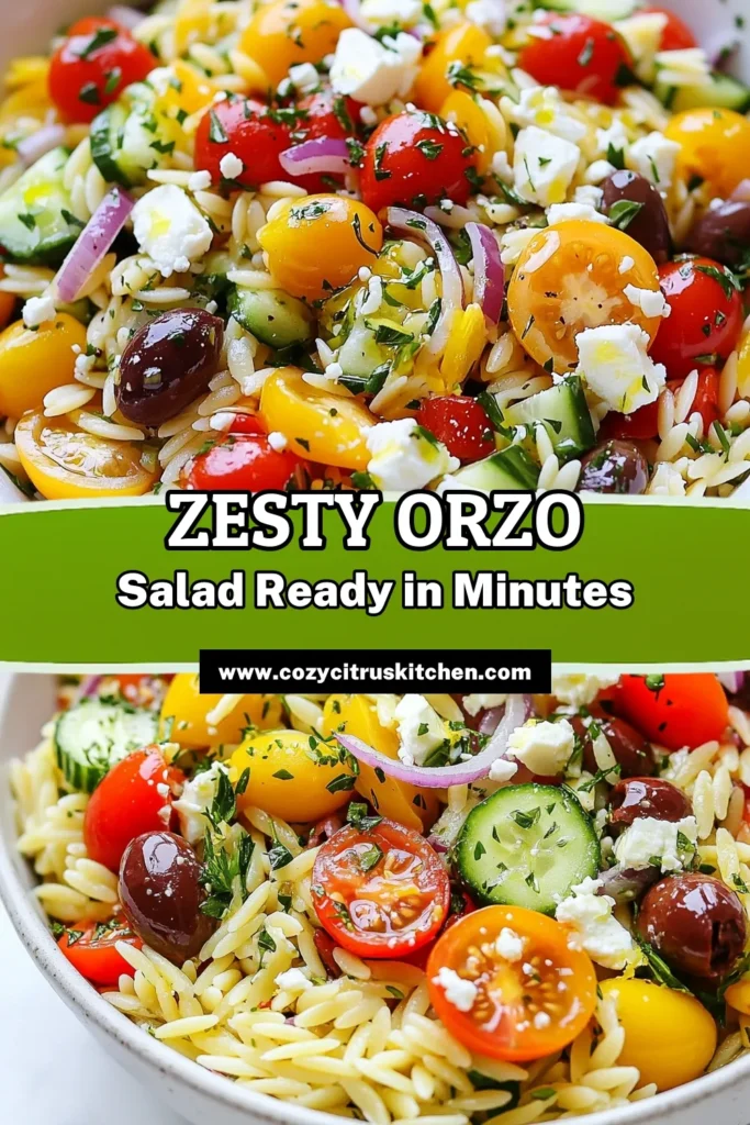 Discover the refreshing taste of Zesty Greek Orzo Salad, a perfect dish for summer! This Mediterranean Orzo Salad combines tender orzo pasta salad with feta, cherry tomatoes, Kalamata olives, and crunchy cucumbers. It's a healthy Greek salad recipe that's not only easy to make but also bursting with flavor. Perfect as a side or light meal. Save this easy summer salad recipe for a quick and delicious option! #OrzoSalad #HealthyRecipes #MediterraneanDiet #SummerSalad