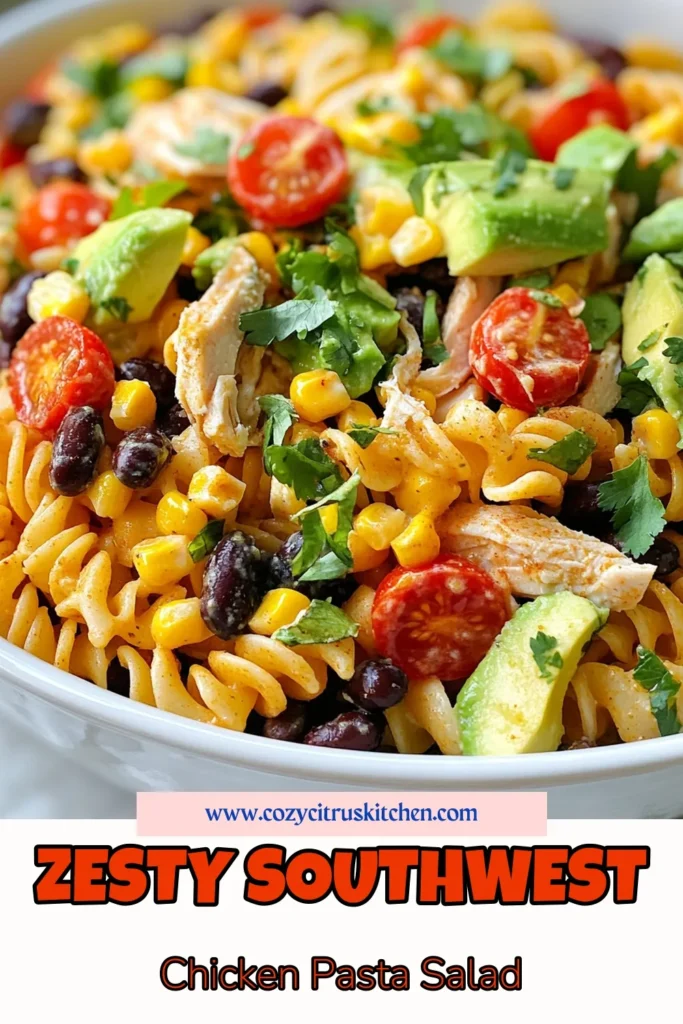 Discover a delicious and healthy twist on summer with this Southwest chicken pasta salad! Packed with flavor from shredded chicken, fresh veggies, and a creamy Greek yogurt dressing, this easy pasta salad recipe is perfect for warm days and gatherings. Top it off with avocado for an extra treat. Save this creamy summer salad with avocado recipe and enjoy a nutritious meal anytime. #SouthwestChickenPastaSalad #HealthyChickenSalad #EasyPastaSaladRecipes #SummerSalad