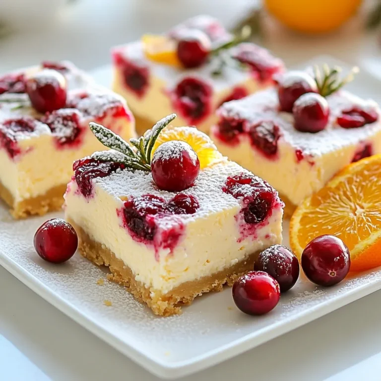 To make the delightful cranberry orange cheesecake bars, you will need the following: - 1 ½ cups graham cracker crumbs - ¾ cup unsalted butter, melted - 2 tablespoons sugar - 16 oz cream cheese, softened - ½ cup granulated sugar - 2 large eggs - 1 teaspoon vanilla extract - Zest of 1 large orange - 1 cup fresh or frozen cranberries - ½ cup cranberry sauce (homemade or store-bought) - 1 tablespoon cornstarch - 2 tablespoons orange juice - Pinch of salt These ingredients create a perfect balance of sweet and tart flavors. You can enhance the flavor with a few optional ingredients: - A sprinkle of cinnamon adds a warm spice. - A few drops of almond extract can deepen the flavor. - Adding a touch of nutmeg can also work wonders. Feel free to experiment with your favorite flavors. If you need substitutes, here are some great options: - Use gluten-free graham crackers for a gluten-free crust. - Swap cream cheese with a plant-based alternative for a vegan version. - Instead of granulated sugar, try coconut sugar for a different taste. - If you don't have fresh cranberries, dried cranberries can work, but they will change the texture. These substitutions can help fit special diets without losing taste. {{ingredient_image_1}} 1. Preheat Oven: Set your oven to 325°F (160°C). Line a 9x13 inch baking dish with parchment paper. Leave some paper overhanging for easy removal. 2. Make the Crust: In a medium bowl, mix together 1 ½ cups of graham cracker crumbs, ¾ cup of melted unsalted butter, and 2 tablespoons of sugar. Stir until the crumbs absorb the butter. Press this mix firmly into the bottom of the dish. 3. Bake Crust: Place the crust in the oven for 10 minutes. Once done, let it cool slightly. 4. Create the Filling: In a large bowl, beat 16 oz of softened cream cheese with ½ cup of granulated sugar until smooth. Add in 2 large eggs, one at a time. Mix well after each egg. Stir in 1 teaspoon of vanilla extract and the zest of 1 large orange. 1. Add Cranberries: In another bowl, toss 1 cup of fresh or frozen cranberries with 1 tablespoon of cornstarch and 2 tablespoons of orange juice. This prevents them from sinking. Carefully fold the cranberries into the cream cheese mix. 2. Assemble: Pour the cream cheese mixture over the cooled crust. Spread evenly. Drop spoonfuls of ½ cup of cranberry sauce on top. Use a knife to swirl it for a pretty marbled look. 3. Bake: Place the pan back in the oven. Bake for 30-35 minutes. The center should look set but still jiggle slightly. 4. Cool: After baking, let the bars cool at room temperature for 1 hour. Then, refrigerate for at least 2 hours. This helps the cheesecake set properly. 5. Slice and Serve: Once chilled, lift the bars out using the parchment paper. Cut them into squares. These bars are great served cold or at room temperature. - Optimal Baking Times: Bake the bars at 325°F. Check them after 30 minutes. They should jiggle slightly in the center. - Common Pitfalls: Avoid overbeating the cream cheese. This can make the cheesecake too airy. Also, don’t skip cooling the crust; it helps the layers stick together. - Tools and Equipment: Use a 9x13 inch baking dish for the right size. A handheld mixer works best for the filling. Have a sharp knife ready for slicing. - Best Ways to Slice: Use a sharp knife and wipe it clean between slices. This keeps the edges neat. - Pairing Ideas: Enjoy these bars with hot tea or coffee. A dollop of whipped cream on top adds a nice touch too. Fresh orange slices or mint leaves make great garnishes. - Storage and Reheating: Store the bars in the fridge for up to five days. If you have leftovers, cover them tightly. To enjoy later, serve them cold or let them sit at room temp for about 30 minutes. Pro Tips Use Room Temperature Ingredients: Ensure your cream cheese is at room temperature for a smooth filling. This helps prevent lumps and creates a creamy texture. Don’t Overmix: Once you add the eggs to the cream cheese mixture, mix just until combined. Overmixing can lead to cracks in the cheesecake bars. Chill Completely: Allow the cheesecake bars to cool at room temperature before refrigerating. Chilling helps the flavors meld and ensures a firmer texture when sliced. Fresh Cranberries for Tartness: If using fresh cranberries, be prepared for a tart punch. If you prefer a sweeter flavor, you can substitute dried cranberries or increase the sugar slightly in the filling. {{image_2}} You can add a fun twist to your cranberry orange cheesecake bars with spices. Try adding 1/2 teaspoon of cinnamon or a pinch of nutmeg to the filling. These spices enhance the warm flavors and make each bite delightful. You may also swap fruits in the recipe. Consider using raspberries or blueberries instead of cranberries. These fruits add a different tartness and color to your bars. You could even mix fruits for a fun flavor burst. If you want a vegan option, replace the cream cheese with a plant-based cream cheese. Use flax eggs in place of regular eggs. This keeps the bars creamy and ensures everyone can enjoy them. For a gluten-free version, choose gluten-free graham crackers for the crust. You can present these bars in unique ways. Serve them in individual cups for a fun touch. Just layer the crust, filling, and sauce in small cups. This makes them easy to grab at parties. You can also add chocolate or nuts to the recipe. Drizzle melted chocolate over the top after baking. Chopped nuts can add a nice crunch. Try pecans or walnuts for extra flavor. For seasonal variations, change the topping based on the holiday. In winter, sprinkle with crushed peppermint. During fall, add a layer of spiced apple compote. This keeps your cranberry orange cheesecake bars fresh and exciting for any celebration. You can store your cranberry orange cheesecake bars in the fridge. They stay fresh for about five days. To keep them from drying out, cover them tightly with plastic wrap or place them in an airtight container. This helps retain their creamy texture and bright flavor. If you want to keep the bars longer, freezing is a great option. First, let them cool completely. Then, cut them into squares. Wrap each square in plastic wrap, then place them in a freezer-safe bag or container. This method helps prevent freezer burn. To thaw your bars, take them out and place them in the fridge overnight. For a quick serve, you can let them sit at room temperature for about 30 minutes. They taste just as good as when you first made them! How do I know when the cheesecake bars are done baking? You will know the bars are done when the edges look set. The center should still jiggle a bit. This slight jiggle means they will firm up as they cool. Can I use frozen cranberries? Yes, you can use frozen cranberries. Just toss them with cornstarch and orange juice, just like fresh ones. This helps keep them from sinking. What’s the best way to cut the bars for clean slices? To cut clean slices, use a sharp knife. Dip it in warm water and wipe it dry. This helps the knife glide through the bars smoothly. How to prevent the cheesecake from cracking? To prevent cracks, avoid overmixing the batter. Mix just until combined. Also, bake at a lower temperature and let the bars cool slowly in the oven. Can I make this recipe ahead of time? Yes, these bars are great to make ahead. You can prepare them a day or two before serving. Just keep them stored in the fridge. What should I serve with cranberry orange cheesecake bars? These bars pair well with whipped cream or vanilla ice cream. A hot cup of tea or coffee is also a great choice. This blog post covered every step to make delicious cranberry orange cheesecake bars. You learned about the key ingredients, step-by-step instructions, and useful baking tips. We explored variations and serving ideas to make your bars unique. Plus, I shared storage info to keep them fresh. Baking these bars can be fun and rewarding. With practice, you'll impress your friends and family with your skills. Enjoy this tasty treat, and don't be afraid to tweak it your way!