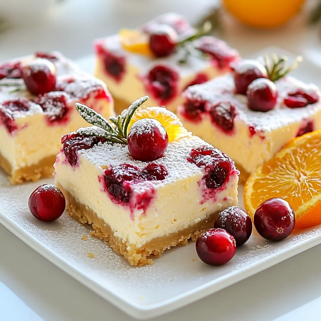 To make the delightful cranberry orange cheesecake bars, you will need the following: - 1 ½ cups graham cracker crumbs - ¾ cup unsalted butter, melted - 2 tablespoons sugar - 16 oz cream cheese, softened - ½ cup granulated sugar - 2 large eggs - 1 teaspoon vanilla extract - Zest of 1 large orange - 1 cup fresh or frozen cranberries - ½ cup cranberry sauce (homemade or store-bought) - 1 tablespoon cornstarch - 2 tablespoons orange juice - Pinch of salt These ingredients create a perfect balance of sweet and tart flavors. You can enhance the flavor with a few optional ingredients: - A sprinkle of cinnamon adds a warm spice. - A few drops of almond extract can deepen the flavor. - Adding a touch of nutmeg can also work wonders. Feel free to experiment with your favorite flavors. If you need substitutes, here are some great options: - Use gluten-free graham crackers for a gluten-free crust. - Swap cream cheese with a plant-based alternative for a vegan version. - Instead of granulated sugar, try coconut sugar for a different taste. - If you don't have fresh cranberries, dried cranberries can work, but they will change the texture. These substitutions can help fit special diets without losing taste. {{ingredient_image_1}} 1. Preheat Oven: Set your oven to 325°F (160°C). Line a 9x13 inch baking dish with parchment paper. Leave some paper overhanging for easy removal. 2. Make the Crust: In a medium bowl, mix together 1 ½ cups of graham cracker crumbs, ¾ cup of melted unsalted butter, and 2 tablespoons of sugar. Stir until the crumbs absorb the butter. Press this mix firmly into the bottom of the dish. 3. Bake Crust: Place the crust in the oven for 10 minutes. Once done, let it cool slightly. 4. Create the Filling: In a large bowl, beat 16 oz of softened cream cheese with ½ cup of granulated sugar until smooth. Add in 2 large eggs, one at a time. Mix well after each egg. Stir in 1 teaspoon of vanilla extract and the zest of 1 large orange. 1. Add Cranberries: In another bowl, toss 1 cup of fresh or frozen cranberries with 1 tablespoon of cornstarch and 2 tablespoons of orange juice. This prevents them from sinking. Carefully fold the cranberries into the cream cheese mix. 2. Assemble: Pour the cream cheese mixture over the cooled crust. Spread evenly. Drop spoonfuls of ½ cup of cranberry sauce on top. Use a knife to swirl it for a pretty marbled look. 3. Bake: Place the pan back in the oven. Bake for 30-35 minutes. The center should look set but still jiggle slightly. 4. Cool: After baking, let the bars cool at room temperature for 1 hour. Then, refrigerate for at least 2 hours. This helps the cheesecake set properly. 5. Slice and Serve: Once chilled, lift the bars out using the parchment paper. Cut them into squares. These bars are great served cold or at room temperature. - Optimal Baking Times: Bake the bars at 325°F. Check them after 30 minutes. They should jiggle slightly in the center. - Common Pitfalls: Avoid overbeating the cream cheese. This can make the cheesecake too airy. Also, don’t skip cooling the crust; it helps the layers stick together. - Tools and Equipment: Use a 9x13 inch baking dish for the right size. A handheld mixer works best for the filling. Have a sharp knife ready for slicing. - Best Ways to Slice: Use a sharp knife and wipe it clean between slices. This keeps the edges neat. - Pairing Ideas: Enjoy these bars with hot tea or coffee. A dollop of whipped cream on top adds a nice touch too. Fresh orange slices or mint leaves make great garnishes. - Storage and Reheating: Store the bars in the fridge for up to five days. If you have leftovers, cover them tightly. To enjoy later, serve them cold or let them sit at room temp for about 30 minutes. Pro Tips Use Room Temperature Ingredients: Ensure your cream cheese is at room temperature for a smooth filling. This helps prevent lumps and creates a creamy texture. Don’t Overmix: Once you add the eggs to the cream cheese mixture, mix just until combined. Overmixing can lead to cracks in the cheesecake bars. Chill Completely: Allow the cheesecake bars to cool at room temperature before refrigerating. Chilling helps the flavors meld and ensures a firmer texture when sliced. Fresh Cranberries for Tartness: If using fresh cranberries, be prepared for a tart punch. If you prefer a sweeter flavor, you can substitute dried cranberries or increase the sugar slightly in the filling. {{image_2}} You can add a fun twist to your cranberry orange cheesecake bars with spices. Try adding 1/2 teaspoon of cinnamon or a pinch of nutmeg to the filling. These spices enhance the warm flavors and make each bite delightful. You may also swap fruits in the recipe. Consider using raspberries or blueberries instead of cranberries. These fruits add a different tartness and color to your bars. You could even mix fruits for a fun flavor burst. If you want a vegan option, replace the cream cheese with a plant-based cream cheese. Use flax eggs in place of regular eggs. This keeps the bars creamy and ensures everyone can enjoy them. For a gluten-free version, choose gluten-free graham crackers for the crust. You can present these bars in unique ways. Serve them in individual cups for a fun touch. Just layer the crust, filling, and sauce in small cups. This makes them easy to grab at parties. You can also add chocolate or nuts to the recipe. Drizzle melted chocolate over the top after baking. Chopped nuts can add a nice crunch. Try pecans or walnuts for extra flavor. For seasonal variations, change the topping based on the holiday. In winter, sprinkle with crushed peppermint. During fall, add a layer of spiced apple compote. This keeps your cranberry orange cheesecake bars fresh and exciting for any celebration. You can store your cranberry orange cheesecake bars in the fridge. They stay fresh for about five days. To keep them from drying out, cover them tightly with plastic wrap or place them in an airtight container. This helps retain their creamy texture and bright flavor. If you want to keep the bars longer, freezing is a great option. First, let them cool completely. Then, cut them into squares. Wrap each square in plastic wrap, then place them in a freezer-safe bag or container. This method helps prevent freezer burn. To thaw your bars, take them out and place them in the fridge overnight. For a quick serve, you can let them sit at room temperature for about 30 minutes. They taste just as good as when you first made them! How do I know when the cheesecake bars are done baking? You will know the bars are done when the edges look set. The center should still jiggle a bit. This slight jiggle means they will firm up as they cool. Can I use frozen cranberries? Yes, you can use frozen cranberries. Just toss them with cornstarch and orange juice, just like fresh ones. This helps keep them from sinking. What’s the best way to cut the bars for clean slices? To cut clean slices, use a sharp knife. Dip it in warm water and wipe it dry. This helps the knife glide through the bars smoothly. How to prevent the cheesecake from cracking? To prevent cracks, avoid overmixing the batter. Mix just until combined. Also, bake at a lower temperature and let the bars cool slowly in the oven. Can I make this recipe ahead of time? Yes, these bars are great to make ahead. You can prepare them a day or two before serving. Just keep them stored in the fridge. What should I serve with cranberry orange cheesecake bars? These bars pair well with whipped cream or vanilla ice cream. A hot cup of tea or coffee is also a great choice. This blog post covered every step to make delicious cranberry orange cheesecake bars. You learned about the key ingredients, step-by-step instructions, and useful baking tips. We explored variations and serving ideas to make your bars unique. Plus, I shared storage info to keep them fresh. Baking these bars can be fun and rewarding. With practice, you'll impress your friends and family with your skills. Enjoy this tasty treat, and don't be afraid to tweak it your way!