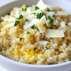 To make creamy garlic parmesan quinoa, you need a few key ingredients. Each one adds flavor and texture. Here’s what you will need: - 1 cup quinoa, rinsed - 2 cups vegetable broth - 4 cloves garlic, minced - 1 cup heavy cream or coconut milk (for a dairy-free option) - ½ cup grated Parmesan cheese (or nutritional yeast for a vegan option) - 1 teaspoon garlic powder - 1 teaspoon onion powder - Salt and pepper to taste - 2 tablespoons fresh parsley, chopped (for garnish) Quinoa is the star of this dish. It brings a nutty flavor and a nice bite. Rinsing it removes any bitterness. The vegetable broth adds depth and richness. Garlic gives a strong, savory punch. You can use heavy cream for a rich taste or coconut milk for a light option. Parmesan cheese melts beautifully into the quinoa. If you want a vegan dish, nutritional yeast works well. Garlic powder and onion powder enhance the flavor without extra fuss. Finally, salt and pepper balance everything out. Garnish with fresh parsley for a bright touch. It adds color and freshness to each bite. With these ingredients, you are ready to create a creamy and delicious dish. {{ingredient_image_1}} Start with a medium saucepan. Pour in 2 cups of vegetable broth. Bring it to a boil. Add 1 cup of rinsed quinoa. Then, reduce the heat to low. Cover the saucepan and let it simmer. Cook for about 15 minutes. The quinoa should be fluffy and all the liquid absorbed. While the quinoa cooks, grab a skillet. Heat 1 tablespoon of olive oil over medium heat. Add 4 cloves of minced garlic. Sauté for 1-2 minutes until fragrant. Make sure the garlic does not brown. This step brings out its rich flavor. Pour in 1 cup of heavy cream or coconut milk into the skillet. Stir well to mix with the garlic. Next, add the cooked quinoa from the saucepan. Stir in ½ cup of grated Parmesan cheese or nutritional yeast. Add 1 teaspoon of garlic powder and 1 teaspoon of onion powder. Mix everything until the cheese melts and all ingredients combine well. Season the mixture with salt and pepper to taste. Let it simmer for an extra 2-3 minutes. This helps all the flavors meld together. Once done, remove the skillet from heat. Garnish with 2 tablespoons of chopped fresh parsley. Serve hot for a rich, creamy dish. To make quinoa fluffy, rinse it well under cold water. This helps remove bitter saponins. Use two parts liquid to one part quinoa. Bring the broth to a boil before adding the quinoa. Once you add the quinoa, reduce the heat and cover it. Cook for about 15 minutes. Let it rest for five minutes after cooking. Fluff it gently with a fork for the best texture. You can easily adjust this recipe to fit your needs. For a dairy-free dish, use coconut milk instead of heavy cream. Nutritional yeast can replace Parmesan cheese for vegan diets. If you're gluten-free, this recipe is perfect as quinoa is gluten-free. You can also use low-sodium broth to reduce salt. For extra flavor, add sautéed mushrooms or spinach to the dish. Fresh herbs like basil or thyme can brighten the taste. A squeeze of lemon juice adds a nice zing. You can also mix in roasted red peppers for a sweet touch. Experiment with spices like smoked paprika or cayenne for a kick. Each addition can make this dish unique and delicious. Pro Tips Use Fresh Garlic: Freshly minced garlic provides a more vibrant flavor compared to pre-minced options. Don't skip this step for maximum aroma and taste! Customize the Creaminess: Adjust the amount of heavy cream or coconut milk based on your preference for creaminess. For a lighter dish, reduce the cream slightly. Herb Variations: Experiment with different herbs like thyme or basil. Adding fresh herbs can elevate the flavor profile and add a pop of color. Leftover Storage: Store any leftovers in an airtight container in the fridge for up to 3 days. Reheat gently on the stove with a splash of broth or water to loosen it up. {{image_2}} You can make this dish even better by adding vegetables. Spinach, broccoli, or peas work great. Cook them with the garlic for extra flavor. You can also stir in roasted bell peppers or zucchini for a colorful touch. These veggies not only boost nutrition but also add texture to your meal. Want to make this dish heartier? Add protein! Cooked chicken, shrimp, or beef pairs well with quinoa. If you prefer plant-based options, try tofu or chickpeas. Just sauté them with the garlic for a few minutes. This will help the flavors blend nicely. Each protein adds its own taste, making your dish unique each time. Adjusting herbs and spices can change the whole flavor. For a fresh kick, try adding basil or thyme. A pinch of red pepper flakes gives a nice heat. You could also sprinkle in some Italian seasoning for a classic twist. Experimenting with different flavors can make this dish fun and exciting. To store Creamy Garlic Parmesan Quinoa, let it cool first. Then, place it in an airtight container. It stays fresh in the fridge for about 3 to 5 days. Make sure to label your container with the date you made it. You can freeze this dish for later use. Allow it to cool completely before transferring it to freezer-safe bags. Remove as much air as possible before sealing. The quinoa can last up to 3 months in the freezer. When ready to enjoy, thaw it in the fridge overnight. To reheat, use a stovetop or microwave. If using the stovetop, add a splash of broth or water. This keeps it creamy. Heat over low to medium heat, stirring often. For the microwave, heat in short bursts and stir in between. This helps keep the texture nice and smooth. Yes, you can make this dish vegan. Use coconut milk instead of heavy cream. For cheese, swap Parmesan with nutritional yeast. This gives a cheesy flavor without dairy. Leftovers can last up to four days in the fridge. Store them in an airtight container. Reheat gently on the stove or in the microwave. This dish pairs well with roasted vegetables or a fresh salad. You can also serve it with grilled chicken or fish for a complete meal. Sure! You can use rice, farro, or bulgur. Each grain will change the texture slightly, but the flavors will still shine through. Adjust cooking times based on the grain you choose. This post covered the key ingredients and steps for making Creamy Garlic Parmesan Quinoa. You learned how to cook quinoa, create a creamy mixture, and combine flavors. Remember, you can add veggies, proteins, or spices to make it your own. Store leftovers properly to keep them fresh. This dish is simple yet tasty, fitting a variety of diets. Enjoy exploring all the ways to personalize it!
