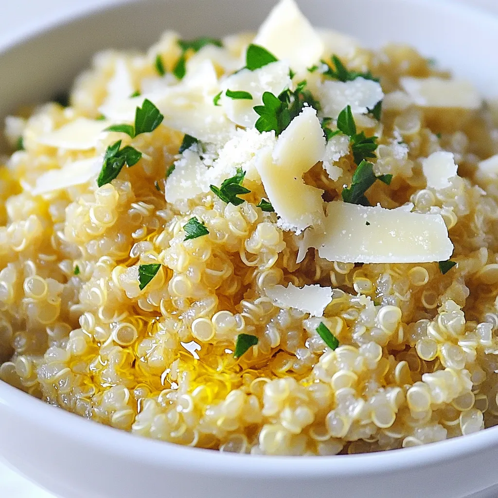 To make creamy garlic parmesan quinoa, you need a few key ingredients. Each one adds flavor and texture. Here’s what you will need: - 1 cup quinoa, rinsed - 2 cups vegetable broth - 4 cloves garlic, minced - 1 cup heavy cream or coconut milk (for a dairy-free option) - ½ cup grated Parmesan cheese (or nutritional yeast for a vegan option) - 1 teaspoon garlic powder - 1 teaspoon onion powder - Salt and pepper to taste - 2 tablespoons fresh parsley, chopped (for garnish) Quinoa is the star of this dish. It brings a nutty flavor and a nice bite. Rinsing it removes any bitterness. The vegetable broth adds depth and richness. Garlic gives a strong, savory punch. You can use heavy cream for a rich taste or coconut milk for a light option. Parmesan cheese melts beautifully into the quinoa. If you want a vegan dish, nutritional yeast works well. Garlic powder and onion powder enhance the flavor without extra fuss. Finally, salt and pepper balance everything out. Garnish with fresh parsley for a bright touch. It adds color and freshness to each bite. With these ingredients, you are ready to create a creamy and delicious dish. {{ingredient_image_1}} Start with a medium saucepan. Pour in 2 cups of vegetable broth. Bring it to a boil. Add 1 cup of rinsed quinoa. Then, reduce the heat to low. Cover the saucepan and let it simmer. Cook for about 15 minutes. The quinoa should be fluffy and all the liquid absorbed. While the quinoa cooks, grab a skillet. Heat 1 tablespoon of olive oil over medium heat. Add 4 cloves of minced garlic. Sauté for 1-2 minutes until fragrant. Make sure the garlic does not brown. This step brings out its rich flavor. Pour in 1 cup of heavy cream or coconut milk into the skillet. Stir well to mix with the garlic. Next, add the cooked quinoa from the saucepan. Stir in ½ cup of grated Parmesan cheese or nutritional yeast. Add 1 teaspoon of garlic powder and 1 teaspoon of onion powder. Mix everything until the cheese melts and all ingredients combine well. Season the mixture with salt and pepper to taste. Let it simmer for an extra 2-3 minutes. This helps all the flavors meld together. Once done, remove the skillet from heat. Garnish with 2 tablespoons of chopped fresh parsley. Serve hot for a rich, creamy dish. To make quinoa fluffy, rinse it well under cold water. This helps remove bitter saponins. Use two parts liquid to one part quinoa. Bring the broth to a boil before adding the quinoa. Once you add the quinoa, reduce the heat and cover it. Cook for about 15 minutes. Let it rest for five minutes after cooking. Fluff it gently with a fork for the best texture. You can easily adjust this recipe to fit your needs. For a dairy-free dish, use coconut milk instead of heavy cream. Nutritional yeast can replace Parmesan cheese for vegan diets. If you're gluten-free, this recipe is perfect as quinoa is gluten-free. You can also use low-sodium broth to reduce salt. For extra flavor, add sautéed mushrooms or spinach to the dish. Fresh herbs like basil or thyme can brighten the taste. A squeeze of lemon juice adds a nice zing. You can also mix in roasted red peppers for a sweet touch. Experiment with spices like smoked paprika or cayenne for a kick. Each addition can make this dish unique and delicious. Pro Tips Use Fresh Garlic: Freshly minced garlic provides a more vibrant flavor compared to pre-minced options. Don't skip this step for maximum aroma and taste! Customize the Creaminess: Adjust the amount of heavy cream or coconut milk based on your preference for creaminess. For a lighter dish, reduce the cream slightly. Herb Variations: Experiment with different herbs like thyme or basil. Adding fresh herbs can elevate the flavor profile and add a pop of color. Leftover Storage: Store any leftovers in an airtight container in the fridge for up to 3 days. Reheat gently on the stove with a splash of broth or water to loosen it up. {{image_2}} You can make this dish even better by adding vegetables. Spinach, broccoli, or peas work great. Cook them with the garlic for extra flavor. You can also stir in roasted bell peppers or zucchini for a colorful touch. These veggies not only boost nutrition but also add texture to your meal. Want to make this dish heartier? Add protein! Cooked chicken, shrimp, or beef pairs well with quinoa. If you prefer plant-based options, try tofu or chickpeas. Just sauté them with the garlic for a few minutes. This will help the flavors blend nicely. Each protein adds its own taste, making your dish unique each time. Adjusting herbs and spices can change the whole flavor. For a fresh kick, try adding basil or thyme. A pinch of red pepper flakes gives a nice heat. You could also sprinkle in some Italian seasoning for a classic twist. Experimenting with different flavors can make this dish fun and exciting. To store Creamy Garlic Parmesan Quinoa, let it cool first. Then, place it in an airtight container. It stays fresh in the fridge for about 3 to 5 days. Make sure to label your container with the date you made it. You can freeze this dish for later use. Allow it to cool completely before transferring it to freezer-safe bags. Remove as much air as possible before sealing. The quinoa can last up to 3 months in the freezer. When ready to enjoy, thaw it in the fridge overnight. To reheat, use a stovetop or microwave. If using the stovetop, add a splash of broth or water. This keeps it creamy. Heat over low to medium heat, stirring often. For the microwave, heat in short bursts and stir in between. This helps keep the texture nice and smooth. Yes, you can make this dish vegan. Use coconut milk instead of heavy cream. For cheese, swap Parmesan with nutritional yeast. This gives a cheesy flavor without dairy. Leftovers can last up to four days in the fridge. Store them in an airtight container. Reheat gently on the stove or in the microwave. This dish pairs well with roasted vegetables or a fresh salad. You can also serve it with grilled chicken or fish for a complete meal. Sure! You can use rice, farro, or bulgur. Each grain will change the texture slightly, but the flavors will still shine through. Adjust cooking times based on the grain you choose. This post covered the key ingredients and steps for making Creamy Garlic Parmesan Quinoa. You learned how to cook quinoa, create a creamy mixture, and combine flavors. Remember, you can add veggies, proteins, or spices to make it your own. Store leftovers properly to keep them fresh. This dish is simple yet tasty, fitting a variety of diets. Enjoy exploring all the ways to personalize it!