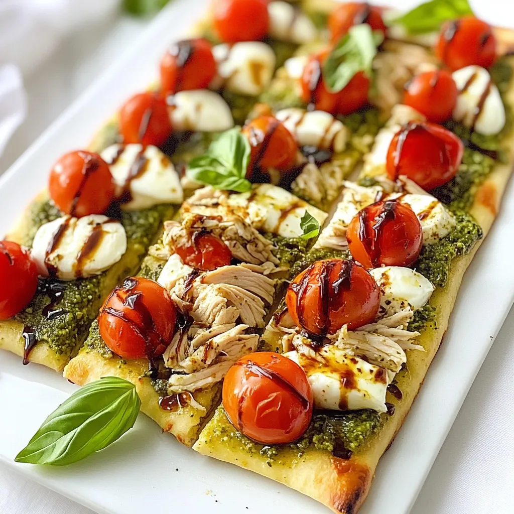 To make a savory pesto chicken caprese flatbread, gather these fresh ingredients: - 2 flatbreads (store-bought or homemade) - 1 cup cooked chicken breast, shredded - 1/2 cup basil pesto - 1 cup cherry tomatoes, halved - 1 cup fresh mozzarella balls (bocconcini), halved - 1 tablespoon balsamic glaze - Fresh basil leaves for garnish - Salt and pepper to taste - Olive oil for drizzling Each ingredient plays a key role in building flavor. The flatbread acts as a perfect base, crispy and warm. The shredded chicken gives protein and heartiness to the dish. Basil pesto adds a rich, herby taste that ties it all together. Cherry tomatoes offer a burst of sweetness, while fresh mozzarella brings a creamy texture. Balsamic glaze adds a tangy finish that elevates the dish. Fresh basil leaves not only garnish but also enhance the overall aroma and flavor. Don’t forget to season with salt and pepper for balance, and a drizzle of olive oil for richness. Using fresh, quality ingredients will make a big difference. They help create a flatbread that feels gourmet yet simple to make. Each bite should feel fresh and delicious. {{ingredient_image_1}} - Preheat the oven to 400°F (200°C). - Prepare a baking sheet lined with parchment paper. - In a bowl, mix the shredded chicken with half of the basil pesto. - Spread the remaining pesto evenly over the flatbreads. - Add the pesto chicken, halved cherry tomatoes, and mozzarella balls on top. - Bake the flatbreads in the oven for 10-12 minutes. - They should be crispy, and the cheese should melt. - Remove the flatbreads from the oven and let them cool slightly. - Drizzle balsamic glaze over the top. - Garnish with fresh basil leaves. - Cut into slices and serve warm. Choosing the right flatbreads is key. Look for flatbreads that are sturdy. They should hold the weight of the toppings without getting soggy. You can use store-bought options for ease or make your own for a fresh taste. For optimal chicken preparation, always use cooked chicken breast. Shredded chicken mixes well with pesto. You can use leftover chicken or rotisserie chicken for speed. The more flavor in the chicken, the better your flatbread will taste. To make crispy flatbreads, preheat your oven to 400°F (200°C) before baking. This helps them get that perfect crunch. Place them on a baking sheet lined with parchment paper for easy cleanup. To ensure melted cheese, use fresh mozzarella balls. They melt beautifully and add a creamy texture. Space the cheese evenly on the flatbreads. This way, every bite gets a gooey surprise. Best accompaniments for this dish include a simple side salad. A light green salad with a lemon vinaigrette pairs well. You may also serve it with crunchy vegetable sticks for a fresh crunch. For garnishing ideas, use fresh basil leaves on top. They add a burst of flavor and a lovely look. Drizzling balsamic glaze over the flatbread adds a sweet touch. It makes the dish even more appealing and tasty. Pro Tips Tip Title: Use Fresh Ingredients: Always opt for fresh basil and ripe cherry tomatoes for the best flavor in your flatbread. Tip Title: Customize Your Pesto: Add nuts or cheese to your pesto for a richer flavor profile that complements the chicken. Tip Title: Baking Time: Keep an eye on the flatbreads while baking; every oven is different, and you want them crispy, not burnt. Tip Title: Perfect Balsamic Drizzle: For a gourmet touch, heat the balsamic glaze slightly before drizzling to enhance its sweetness and flavor. {{image_2}} You can mix things up by changing the protein. Instead of chicken, try turkey or tofu. Both options work well with the other flavors. For cheese, fresh mozzarella is great, but you can use goat cheese or feta for a twist. Add spices like red pepper flakes for heat or garlic powder for extra flavor. Fresh herbs like oregano or thyme can also boost taste. If you want a different sauce, consider using sun-dried tomato paste or a creamy ranch dressing. To make this dish gluten-free, select gluten-free flatbreads. You can find these at many stores. For a vegan version, swap chicken for chickpeas or tempeh and use vegan cheese. You can also make your own pesto with nuts, oil, and herbs for a tasty vegan option. To keep your flatbread fresh, store it in the fridge. Use an airtight container. This will keep the flatbread from drying out. You can enjoy it for up to three days. If you want to save it longer, consider freezing. Wrap the flatbread tightly in plastic wrap, then place it in a freezer bag. It can last for up to two months in the freezer. When you're ready to eat your leftovers, you have two great options: the oven or the microwave. The oven is best for keeping the texture. Preheat it to 350°F (175°C) and bake the flatbread for about 10 minutes. This will make it crispy again. If you’re in a hurry, use the microwave. Heat it for about 30 seconds. Watch it closely to avoid making it soggy. For both methods, let it cool a bit before you dig in. Enjoy your delicious pesto chicken caprese flatbread! Can I use store-bought pesto? Yes, you can use store-bought pesto. It saves time and tastes great. If you want, you can add some fresh herbs for more flavor. Try mixing in a bit of garlic or cheese to make it special. How do I ensure my flatbread doesn’t get soggy? To keep your flatbread crispy, use less pesto. Also, pre-bake the flatbreads for a few minutes before adding toppings. This helps create a nice barrier. Make sure to bake them until the cheese is bubbly and golden. Can I make this dish ahead of time? Yes, you can prep some parts ahead. Cook the chicken and cut the veggies in advance. Just store them in the fridge. When you're ready, assemble and bake the flatbreads for a quick meal. What are some side dishes to pair with it? Great sides include a green salad or roasted veggies. You can also serve it with a light soup. These sides keep the meal fresh and balanced. What’s the best way to cook the chicken for this recipe? I recommend poaching or grilling the chicken. Both methods keep the chicken juicy. If you have leftover chicken, that's perfect too! Just shred it and mix with the pesto. How can I modify this recipe to make it healthier? To make it healthier, use whole wheat flatbreads. You can also try adding more veggies, like spinach or bell peppers. For a lower-fat option, choose part-skim mozzarella. These swaps keep the flavor while cutting calories. This blog post showed how to make pesto chicken Caprese flatbreads. We covered the key ingredients, preparation steps, and baking tips. You learned how to switch ingredients to fit your taste and diet. I also shared how to store and reheat your leftovers. In the end, this dish is fun and easy to make. Enjoy customizing it for your guests or family. Happy cooking!