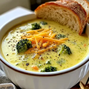 - 4 cups broccoli florets - 1 cup carrots, diced - 1 small onion, chopped - 3 cloves garlic, minced - 4 cups vegetable broth - 1 cup heavy cream - 2 cups sharp cheddar cheese, shredded - 2 tablespoons olive oil - 1 teaspoon salt - ½ teaspoon black pepper - ½ teaspoon smoked paprika (optional) - ½ teaspoon nutmeg (optional) You need four cups of broccoli florets. Fresh broccoli gives the best taste. One cup of diced carrots adds color and sweetness. A small onion, chopped, gives depth to the flavor. Use three cloves of minced garlic for a nice kick. Four cups of vegetable broth forms the soup's base. One cup of heavy cream makes it creamy and rich. Two cups of shredded sharp cheddar cheese bring the cheesy goodness. You will also need two tablespoons of olive oil to sauté the veggies. One teaspoon of salt is essential for taste. Add half a teaspoon of black pepper for warmth. Smoked paprika and nutmeg are optional but can add great flavor. For the best flavor, I recommend sharp cheddar cheese. It has a strong taste that pairs well with broccoli. You can also try extra sharp cheddar for an even bolder flavor. If you prefer something milder, mild cheddar works too. Just remember, using good quality cheese really makes a difference in this soup! {{ingredient_image_1}} To make creamy broccoli cheddar soup, start by gathering your ingredients. You need fresh broccoli, carrots, onion, garlic, vegetable broth, heavy cream, cheddar cheese, and a few seasonings. This soup takes about 35 minutes to make, and it serves 4 to 6 people, perfect for a cozy meal. 1. Heat the olive oil: Pour olive oil into a large pot over medium heat. 2. Sauté the onion: Add chopped onion and cook for 3 to 4 minutes until it turns translucent. 3. Add garlic and carrots: Stir in minced garlic and diced carrots. Cook for 3 more minutes until they smell great. 4. Mix in broccoli and broth: Toss in the broccoli florets and vegetable broth. Bring the pot to a boil. 5. Simmer: Once boiling, turn the heat down to low, cover the pot, and let it cook for 10 to 15 minutes. The broccoli and carrots should be tender. 6. Blend the soup: Use an immersion blender to mix the soup until it is creamy but still has some chunks. If you don’t have one, carefully pour it into a regular blender in batches. 7. Add cream and cheese: Pour in the heavy cream and shredded cheddar cheese. Stir in salt, pepper, and smoked paprika if you like. 8. Heat through: Cook on low heat, stirring often, until the cheese melts and the soup is hot. 9. Finish with nutmeg: If you want, add nutmeg for extra flavor and taste to adjust the seasoning. Using an immersion blender is easy. You can blend the soup right in the pot. This saves time and cuts down on dishes. Just be careful not to splash. If you use a regular blender, let the soup cool for a few minutes. Blend it in small amounts. Be careful when blending hot liquids, as they can splash and cause burns. Always hold the lid down tightly. To make your soup creamy, the trick is blending. Use an immersion blender for easy mixing. Blend until smooth but leave some chunks for texture. If you prefer, you can blend in batches using a regular blender. Just be careful when transferring hot soup. Spices make your soup pop. I like to add smoked paprika for a hint of smokiness. Nutmeg also gives a warm touch. Salt and pepper are must-haves too. Adjust them to your taste as you cook. Serve your soup hot in bowls. For extra flavor, top it with more cheese. A sprinkle of black pepper adds a nice touch, too. Pair the soup with crusty bread for a complete meal. It’s cozy and filling! Pro Tips Chop Uniformly: Make sure all vegetables are cut into similar sizes for even cooking and a consistent texture. Use Fresh Broccoli: Fresh broccoli not only enhances flavor but also retains its vibrant color and nutrients better than frozen. Blend to Preference: Adjust the blending to your liking—blend completely for a smooth soup or just partially for a chunkier texture. Garnish Creatively: Add a sprinkle of croutons or a drizzle of olive oil on top for added texture and visual appeal before serving. {{image_2}} You can make this soup vegan by swapping a few key ingredients. Use coconut cream or cashew cream instead of heavy cream. For cheese, try a vegan cheddar or nutritional yeast. Use vegetable broth to keep it gluten-free. Always check labels to ensure all ingredients meet your diet needs. Want to boost the flavor? Add some fresh herbs like thyme or parsley. A squeeze of lemon juice can brighten the soup. You might also include a pinch of red pepper flakes for heat. Consider adding a diced potato for creaminess and extra texture. If you like a thicker soup, blend more of the broccoli and carrots. If it’s too thick, stir in more vegetable broth or cream. Remember, you can always adjust it while cooking. Taste as you go, and get it just right for your liking. After you make the soup, let it cool down. Then, pour it into an airtight container. This will keep it fresh. Store it in the fridge for up to five days. When you want to eat it, check for any signs of spoilage first. If it smells good and tastes fine, you’re good to go! You can freeze the soup if you have leftovers. Use a freezer-safe container and leave some space at the top for the soup to expand. It will stay fresh for about three months. When you're ready to eat it, take it out and place it in the fridge overnight to thaw. You can also thaw it in the microwave if you're in a hurry. To reheat, pour the soup into a pot. Heat it over low to medium heat. Stir it often to prevent burning. If the soup seems too thick, add a splash of vegetable broth or water. This keeps the flavor strong and the texture creamy. Enjoy your warm bowl of soup! Yes, you can make this soup ahead of time. Just cool it down and store it in the fridge. It stays good for about three days. When you are ready to eat, reheat it on low heat. Stir it often to keep it smooth. To thicken your soup, you have a few options. You can add more heavy cream or cheese. Another way is to mix in a bit of cornstarch. Just mix cornstarch with cold water first. Then, stir it into the soup as it simmers. This soup pairs well with many things. Here are some ideas: - Crusty bread - Grilled cheese sandwiches - Salad with a light dressing - Crackers or breadsticks These sides make your meal more filling and tasty. Yes, frozen broccoli works well in this soup. It saves you prep time and cooks quickly. Just add it to the pot with the broth. Keep in mind that frozen broccoli may cook a bit faster. Check it to avoid overcooking. This article covered all you need to make creamy broccoli cheddar soup. We explored key ingredients, cooking steps, and tips for a perfect texture. You learned how to adjust flavors and accommodate dietary needs. We also shared storage techniques to keep your soup fresh. Remember, the right cheese and seasonings make all the difference. With these insights, you’ll create a delicious soup that delights everyone. Enjoy your cooking journey and experiment with your own twists!