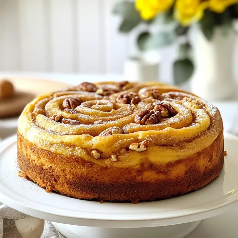 - 2 cups all-purpose flour - 1 cup granulated sugar - ½ cup unsalted butter, softened - 1 cup sour cream - 1 tablespoon ground cinnamon - ½ cup brown sugar - 1 cup chopped pecans (optional) - 1 ½ teaspoons baking powder - ½ teaspoon baking soda - ½ teaspoon salt - 1 large egg - 1 teaspoon vanilla extract Gathering your ingredients is key to making this cake a success. Start with two cups of all-purpose flour. This will provide the base for your cake. Then, grab one cup of granulated sugar to sweeten it up. You need half a cup of unsalted butter, softened, which helps to create a rich texture. Next, you will want one cup of sour cream. This gives the cake moisture and a nice tang. For the cinnamon sugar mixture, you need one tablespoon of ground cinnamon. This will be the star of your flavor. You also need half a cup of brown sugar, which adds a lovely depth. If you like, add one cup of chopped pecans for a crunchy twist. Now, let’s not forget the baking essentials. You will need one and a half teaspoons of baking powder to help your cake rise. You also want half a teaspoon of baking soda and half a teaspoon of salt to balance the flavors. Don’t forget one large egg to bind everything together. Finally, add one teaspoon of vanilla extract for that warm, inviting aroma. With these ingredients ready, you’re set to make a delightful cinnamon roll coffee cake! {{ingredient_image_1}} - Preheat the oven to 350°F (175°C). - Grease a 9x13 inch baking dish. Start by making your kitchen warm and inviting. Preheating the oven helps the cake rise well. Greasing the dish helps the cake come out easily after baking. - Combine dry ingredients in a bowl. - Add wet ingredients and mix until smooth. In a large bowl, whisk together 2 cups of flour, 1 cup of sugar, 1 ½ teaspoons of baking powder, ½ teaspoon of baking soda, and ½ teaspoon of salt. This mix gives the cake its structure. Next, add ½ cup of softened butter, 1 large egg, 1 teaspoon of vanilla extract, and 1 cup of sour cream. Use an electric mixer to blend everything until smooth. This should take about 2-3 minutes. - Prepare the cinnamon sugar mixture. - Layer the batter and sprinkle the cinnamon sugar mixture. In a separate bowl, mix 1 tablespoon of ground cinnamon with ½ cup of brown sugar. If you like nuts, add 1 cup of chopped pecans. This mixture gives a sweet crunch. Pour half of the batter into the greased dish and spread it out. Sprinkle half of the cinnamon mixture over the batter. Pour the rest of the batter on top and spread it gently. Finally, add the rest of the cinnamon sugar on top for a sweet finish. - Create a swirl with a knife. - Bake and cool the cake. Using a butter knife or skewer, gently swirl through the batter. This adds a nice marble effect. Place the dish in the preheated oven. Bake for 30-35 minutes. Check if it’s done by inserting a toothpick in the center; it should come out clean. Let the cake cool in the pan for about 10 minutes. Then transfer it to a wire rack. Enjoy this sweet treat warm or at room temperature! - Use fresh ingredients for better flavor. Fresh eggs and baking powder help the cake rise nicely. - Ensure butter is softened for easier mixing. Soft butter blends well, making your batter smooth. - Serve warm with a glaze or icing. A simple glaze of powdered sugar and milk adds sweetness. - Pair with coffee or tea for breakfast or dessert. The warm cinnamon flavor complements drinks perfectly. - Tips for avoiding a dry cake: Make sure not to overmix the batter. Overmixing can lead to a tough texture. - Adjusting baking time for different ovens: Every oven is unique. Start checking a few minutes early to avoid overbaking. Pro Tips Use Room Temperature Ingredients: For the best texture, make sure your butter and egg are at room temperature before mixing. This helps create a smoother batter. Don’t Overmix the Batter: Mix just until combined to avoid a dense cake. Overmixing can lead to gluten development, which makes the cake tough. Customize Your Nuts: If you’re not a fan of pecans, try walnuts or even chocolate chips for a different twist on the classic cinnamon roll flavor. Check for Doneness: Ovens vary, so start checking your cake a few minutes before the recommended time. A toothpick should come out clean when it’s fully baked. {{image_2}} You can change up your cinnamon roll coffee cake with flavor additions. Adding chocolate chips gives a rich taste. You can use dark or milk chocolate, depending on your choice. You can also mix in fresh fruit like blueberries or raspberries. This adds a juicy burst of flavor. If you want a nutty twist, try substituting nuts. Chopped walnuts or almonds work well. They add crunch and a unique taste. You can even skip the nuts if you prefer a smoother texture. If you need gluten-free options, you can swap regular flour with gluten-free flour. Look for blends that mimic all-purpose flour. They work well for this recipe. For a dairy-free version, substitute unsalted butter with coconut oil or vegan butter. Instead of sour cream, you can use non-dairy yogurt. This keeps your cake moist and tasty while fitting your dietary needs. Get creative by mixing flavors! You can combine cinnamon roll coffee cake with other cake types. For example, a chocolate coffee cake adds a rich twist. Layer your cake with frosting to make it more like a dessert cake. A cream cheese frosting pairs nicely with the cinnamon flavor. This adds sweetness and a creamy texture, making each bite delightful. To store leftover cake at room temperature, place it in an airtight container. This keeps the cake fresh for about three days. If you don't have a container, you can cover the cake with plastic wrap. Make sure it is fully cooled before wrapping to avoid sogginess. For long-term storage, you can freeze the cake. First, let the cake cool completely. Then, slice it into squares. Wrap each slice in plastic wrap. Next, place all wrapped slices in a freezer bag or an airtight container. This keeps the cake fresh for up to three months. When ready to eat, remove a slice from the freezer and let it thaw in the fridge overnight. To reheat for the best taste, preheat your oven to 350°F (175°C). Place the slices on a baking sheet. Cover with foil to keep moisture in. Heat for about 10-15 minutes. You can also use the microwave. Heat each slice for about 20-30 seconds. Enjoy it warm for a delightful treat! Yes, you can make this cake ahead of time. Once baked, let it cool completely. Wrap it well in plastic wrap or foil. Store it at room temperature for up to three days. For longer storage, freeze it for up to three months. When ready to serve, simply thaw it overnight in the fridge. You can reheat slices in the microwave for a warm treat. If you don’t have sour cream, you can use plain yogurt. Greek yogurt works well. It gives a similar texture and tang. You can also mix milk with lemon juice or vinegar. Use one tablespoon of lemon juice or vinegar for each cup of milk. Let it sit for five minutes before using. To check if the cake is done, insert a toothpick into the center. If it comes out clean or with a few crumbs, it’s ready. If the toothpick has wet batter, it needs more time. You should also look for a golden-brown top. The edges may pull away from the pan slightly. Yes, you can use a different baking dish. If using a smaller dish, the cake may take longer to bake. If using a larger dish, the cake will bake faster. Always check for doneness with a toothpick, regardless of the dish size. Adjust baking times as needed based on how deep the batter is in the dish. You learned how to make a delicious Cinnamon Roll Coffee Cake. We covered the key ingredients like flour, butter, and sugar. The step-by-step instructions make it easy to follow. Remember to use fresh ingredients for the best taste and explore fun variations. You can decorate it or save leftovers for later. Enjoy this tasty treat for breakfast or dessert. With these tips, you’ll bake a perfect cake every time. Try it out and share your results!