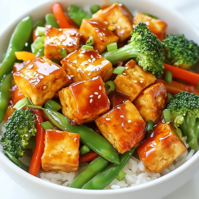 - 1 block (14 oz) firm tofu, drained and cubed - 1 cup broccoli florets - 1 bell pepper (red or orange), sliced - 1 cup snap peas, trimmed - 2 carrots, thinly sliced - 3 green onions, chopped - 3 cloves garlic, minced - 2 tablespoons ginger, finely grated - 1/4 cup fresh orange juice - Zest of 1 orange - 2 tablespoons soy sauce - 1 tablespoon cornstarch, mixed with 2 tablespoons water - 2 tablespoons sesame oil - 1 tablespoon olive oil - Salt and black pepper to taste I love starting with firm tofu for this dish. It holds its shape well. You need to drain it first. Press it to remove extra water. This helps it absorb all the tasty flavors later. The veggies add color and crunch. I like using broccoli, bell pepper, snap peas, and carrots. They not only taste great together, but they also look good on the plate. Fresh orange juice and zest give this dish its bright and zesty flavor. - Sesame seeds for garnish (optional) Sesame seeds add a nice touch. They give a little crunch and look pretty too. You can sprinkle them on top before serving. - Sesame oil - Olive oil I use a mix of sesame oil and olive oil. Sesame oil brings a rich, nutty taste. Olive oil is great for cooking the tofu. This mix helps the dish shine with flavor. {{ingredient_image_1}} Start by pressing the tofu. This step helps remove extra moisture. Wrap the tofu in a clean kitchen towel. Place a heavy object on top. Let it sit for about 15 to 20 minutes. After pressing, cut the tofu into 1-inch cubes. This size helps it cook evenly. In a large skillet or wok, heat olive oil over medium-high heat. Add the cubed tofu once the oil is hot. Season the tofu with a pinch of salt. Sauté the tofu until it turns golden brown on all sides. This should take about 6 to 8 minutes. Once done, remove the tofu from the skillet and set it aside. Using the same skillet, add sesame oil. Next, add minced garlic and grated ginger. Sauté this mixture for about 30 seconds until it smells great. Now, add the broccoli, bell pepper, snap peas, and sliced carrots. Stir-fry these vegetables for about 4 to 5 minutes. The goal is to keep them vibrant and crisp. In a small bowl, whisk together the fresh orange juice, orange zest, and soy sauce. This mixture is key to your glaze. Pour this orange mix over the cooked vegetables in the skillet. It adds a bright flavor to the dish. Return the cooked tofu to the skillet. Mix everything well to combine. Bring the mixture to a gentle simmer. Stir in the cornstarch slurry to thicken the sauce. Cook for another 2 to 3 minutes. The sauce should become glossy and coat the tofu and vegetables. Taste and adjust seasoning with salt and black pepper if needed. Finally, sprinkle chopped green onions over the stir fry for added crunch and flavor. Pressing tofu helps it absorb flavors. To do this, wrap the tofu in a clean kitchen towel. Place a heavy object on top, like a cast iron skillet. Let it sit for 15 to 20 minutes. This step makes a big difference in taste and texture. For a great stir-fry, use firm tofu. Cut it into 1-inch cubes for even cooking. Sauté the tofu in olive oil until golden brown. This takes about 6 to 8 minutes. Cook the vegetables until they are bright and crisp. Aim for 4 to 5 minutes of stir-frying. This keeps them fresh and tasty. To boost flavor, use fresh ingredients like garlic and ginger. They add a nice zing to your dish. When adding the orange juice and zest, whisk them well for even flavor. Use soy sauce for a salty depth. Adjust seasoning with salt and black pepper to your taste. For extra crunch, top your dish with sesame seeds and chopped green onions. Pro Tips Press Tofu Well: Make sure to press the tofu for at least 15-20 minutes to remove excess moisture, allowing it to absorb more flavors during cooking. Use Fresh Ingredients: Opt for fresh vegetables and juice for the best flavor. Fresh orange juice enhances the stir fry's brightness. Adjust the Sauce: Feel free to tweak the soy sauce and orange juice ratio to suit your taste preferences; a little more soy sauce can add a nice umami flavor. Garnish for Flavor: Don’t skip the sesame seeds and green onions as garnishes; they add a delightful crunch and visual appeal to the dish. {{image_2}} If you want a different protein, consider chickpeas. They add a nice texture. Tempeh is another great choice. It has a nutty flavor and holds up well in stir-fries. For a meat option, use chicken or shrimp. Just remember to adjust the cooking time. These proteins can cook faster than tofu. You can swap out any veggies in this dish. Cauliflower works well in place of broccoli. Zucchini adds a nice crunch. If you like spice, try adding sliced jalapeños. You can also add mushrooms for an earthy taste. Just make sure to cut them into small pieces for even cooking. To make this dish gluten-free, use tamari instead of soy sauce. Tamari has a similar taste but is safe for gluten-free diets. Check your cornstarch to ensure it's gluten-free as well. Most brands are, but it’s always good to verify. Serve with rice that’s marked gluten-free, like jasmine or basmati. To keep your Orange Glazed Tofu Stir Fry fresh, store it in an airtight container. Let it cool to room temperature first. This prevents moisture buildup. You can store it in the fridge for up to three days. If you want to keep it longer, consider freezing. When it's time to enjoy your leftovers, reheat them gently. You can use a skillet over medium heat. Add a splash of water or oil to keep it moist. Stir often for even heating. You can also use the microwave. Place it in a microwave-safe dish. Heat for 1-2 minutes, stirring halfway through. Make sure it’s heated all the way through. Freezing is a great option for long-term storage. Place the stir fry in a freezer-safe bag or container. Remove as much air as possible to prevent freezer burn. It can last for up to three months in the freezer. When ready to eat, thaw in the fridge overnight. Reheat it without cooking again. This keeps the tofu and veggies from getting mushy. Enjoy your tasty meal later! Yes, you can prep this dish ahead. You can press the tofu and chop the veggies a day before. Keep them in the fridge in sealed containers. When you're ready to cook, just follow the recipe steps. This saves time and makes dinner easier. If you need a soy sauce swap, try tamari. It’s gluten-free and works well. You can also use coconut aminos for a lighter flavor. Both options still give you that salty taste without soy. Tofu is ready when it turns golden brown on all sides. This takes about 6-8 minutes. You want it crispy outside but soft inside. This texture adds a nice crunch to your stir fry. This stir fry goes well with steamed rice or quinoa. Both add great texture. You can also serve it with a simple salad for freshness. These sides balance the rich orange glaze perfectly. This blog post guide covers everything you need for a great orange glazed tofu stir fry. We explored key ingredients and how to make the dish perfectly. You learned about cooking techniques and tips for pressing tofu. We also discussed tasty variations and best practices for storing leftovers. Remember to stay creative and enjoy the process. You can make this dish your own with different flavors. Try it out, and share your delicious results!