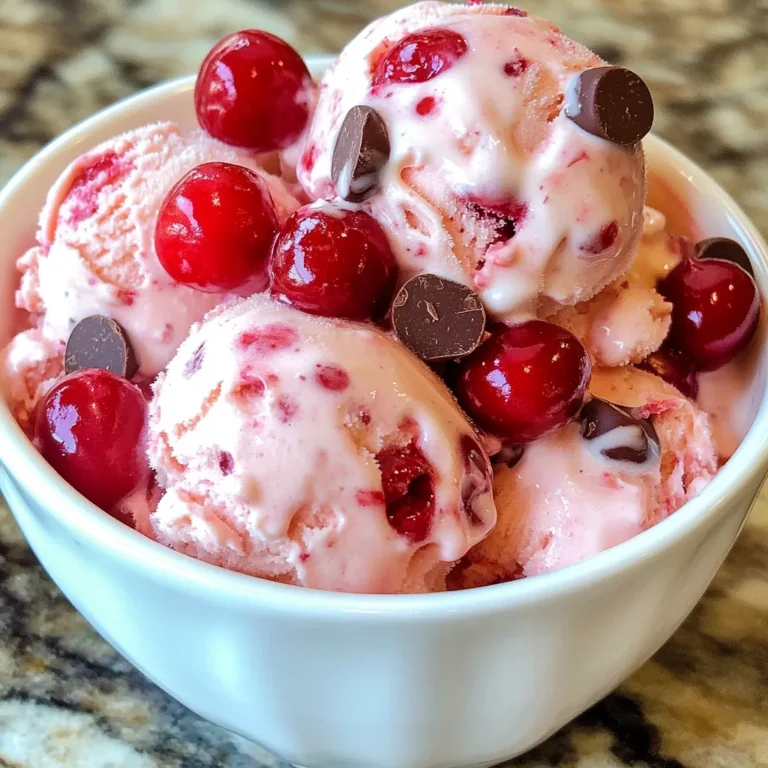 - 2 cups fresh cherries, pitted and halved - 1 tablespoon lemon juice You start with fresh cherries. Choose ripe, juicy cherries for the best flavor. Pitting them is key, so you enjoy every bite. Halve the cherries to release their sweet juice. The lemon juice added helps balance the sweetness and brightens the flavor. - 1 cup heavy cream - 1 cup whole milk Next, gather your dairy. Heavy cream gives the ice cream its rich texture. Whole milk adds smoothness. Together, they create a creamy base that makes your ice cream delightful. The cream and milk work together to make each scoop luscious. - 3/4 cup granulated sugar - 1/2 cup semi-sweet chocolate chips - 1 teaspoon vanilla extract For sweetness, you’ll use granulated sugar. It helps bring out the cherry flavor. Semi-sweet chocolate chips add a nice contrast to the cherries. The vanilla extract enhances the overall taste, making it even more delicious. This blend of flavors is what makes cherry chocolate chip ice cream so special. {{ingredient_image_1}} To start, you need to cook the cherries. In a medium saucepan, combine 2 cups of fresh cherries, 1/2 cup of sugar, and 1 tablespoon of lemon juice. Heat this mixture over medium heat for about 5 to 7 minutes. You want the cherries to soften and release their juices. Once done, remove the saucepan from the heat and let it cool. This cooling step is key. It helps keep the cream from curdling later. Next, grab a separate bowl. In this bowl, whisk together 1 cup of heavy cream, 1 cup of whole milk, and the remaining 1/4 cup of sugar. Add 1 teaspoon of vanilla extract for extra flavor. Mix well until the sugar dissolves completely. Once your cherry mixture has cooled, fold it into the cream mixture. Stir gently, so you don’t break the cherries. This step combines the sweet cherry flavor with the creamy base. Now it’s time to chill the mixture. Place it in the refrigerator for at least 2 hours. This step keeps the ice cream creamy when you churn it. Once it’s cold, pour the mixture into your ice cream maker. Follow the manufacturer’s instructions and churn it until it reaches a soft-serve consistency. During the last few minutes, add in 1/2 cup of semi-sweet chocolate chips. Make sure they mix in well. Finally, transfer the mixture to an airtight container. Freeze it for at least 4 hours or until it becomes firm. Enjoy your homemade cherry chocolate chip ice cream! To get the best texture, chill your mixture well. This helps keep the ice cream creamy. After mixing the cream and cherry blend, place it in the fridge for at least two hours. This step is key to a smooth final product. Churning is also important. When using the ice cream maker, follow the instructions carefully. It’s best to churn until the mix looks like soft-serve. This keeps it fluffy and light. Taste is personal, so feel free to adjust the sweetness. If you like it sweeter, add more sugar. You can also reduce the sugar if you prefer a tart flavor. For the chocolate, you can play around too. If you love chocolate, toss in more chips. If you want a lighter taste, cut back a bit. Find the balance that makes your taste buds happy. Serve your ice cream at the right temperature. Let it sit out for 5-10 minutes before scooping. This makes it easier to serve. You can enjoy cherry chocolate chip ice cream on its own or pair it with other treats. Try it with brownies or a slice of pie. The mix of flavors will delight your guests. Pro Tips Use Fresh Cherries: For the best flavor and texture, always use fresh, ripe cherries when making your ice cream. Chill Your Mixture: Ensure the cherry and cream mixture is thoroughly chilled before churning for a smoother ice cream texture. Experiment with Chocolate: Try using dark chocolate chips or even white chocolate for a different flavor profile in your ice cream. Let It Soften: Allow the ice cream to sit at room temperature for a few minutes before scooping to make serving easier. {{image_2}} You can change the fruit in this recipe if you want. Strawberries or raspberries work well. They add their own sweet taste and color. Just make sure to adjust the sugar based on the fruit's natural sweetness. You can also play with the chocolate. Dark chocolate gives a rich flavor, while milk chocolate is sweeter. Mix and match to find your favorite combo! If you want a vegan version, swap heavy cream and milk for coconut cream or almond milk. For sugar-free options, use a sugar replacement like stevia or erythritol. These changes keep the taste without the extra calories. Always check the labels to ensure the substitutes fit your diet. Get creative with how you serve your ice cream! Try making ice cream sandwiches using cookies. Just scoop the cherry chocolate chip ice cream between two cookies. You can also make sundaes. Add whipped cream, nuts, or more cherries on top. This makes each scoop extra special. To store homemade ice cream right, use airtight containers. These keep air out. Air can cause ice crystals to form. Regular containers let air in, making your ice cream icy. - Use a clean, dry container. - Fill it to the top to limit air space. - Seal it tightly. You can keep cherry chocolate chip ice cream in the freezer for about 2-3 weeks. After that, it may lose flavor and texture. Look for signs of spoilage: - Ice crystals on the surface - A grainy texture - Changes in color If you see these, it’s time to toss it. You can re-freeze ice cream after thawing. Be careful, though. Each time you thaw and refreeze, ice crystals can form. This can change the texture. To minimize this, only take out what you need. Return the rest to the freezer right away. Enjoy your homemade treat while it’s still fresh! It takes about 15 minutes to prep the ice cream. After that, you need to chill it for 2 hours. Then, churn it in your ice cream maker. Finally, freeze the ice cream for at least 4 hours. So, the total time is around 6 hours. Most of this is hands-off time, making it easy to fit into your day. Yes, you can use frozen cherries. They work well, but fresh cherries give a better taste. Frozen cherries may also change the texture a bit. If you use frozen cherries, let them thaw and drain any extra liquid before cooking. This helps keep your ice cream creamy. I recommend using a compressor ice cream maker for this recipe. They chill quickly and make smooth ice cream. If you want a more budget-friendly option, a freezing bowl maker works too. Just remember to freeze the bowl overnight before using it. Brands like Cuisinart and Breville offer reliable options. In this post, we explored how to make cherry chocolate chip ice cream from scratch. We started with fresh cherries and dairy, then moved to sweeteners and flavors. I shared step-by-step instructions for preparing, churning, and freezing your ice cream. Tips can help you get the best texture and taste. Try the different variations to keep it fun. Remember to store it properly to enjoy longer. Making ice cream is simple and rewarding. I hope you enjoy every scoop!