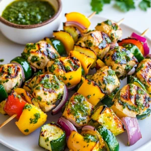 To make tasty chimichurri chicken kabobs, you need the following main items: - 1 lb chicken breast, cut into 1-inch cubes - 1 bell pepper (any color), cut into 1-inch pieces - 1 red onion, cut into wedges - 1 zucchini, sliced into thick rounds - 2 tablespoons olive oil - Salt and pepper to taste These ingredients create a colorful and flavorful mix. The chicken provides protein, while the veggies add crunch and color. Chimichurri sauce is what makes these kabobs shine. Here’s what you need: - 1 cup fresh parsley, chopped - 1/2 cup fresh cilantro, chopped - 2 garlic cloves, minced - 1/4 teaspoon red pepper flakes (adjust to taste) - 1/4 cup red wine vinegar - 1/3 cup olive oil - Salt and pepper to taste This sauce packs a punch. It’s fresh, zesty, and full of flavor. The garlic and herbs blend well with the chicken. You can add some extra flavors if you want. Here are some ideas: - Lemon zest for brightness - Smoked paprika for a hint of smokiness - Cumin for an earthy taste These seasonings help customize the flavor. Experiment to find what you love best! {{ingredient_image_1}} To make the chimichurri sauce, start with a bowl. Add 1 cup of chopped parsley and 1/2 cup of chopped cilantro. Next, mince 2 garlic cloves and toss them in. If you like heat, add 1/4 teaspoon of red pepper flakes. Pour in 1/4 cup of red wine vinegar and 1/3 cup of olive oil. Finally, sprinkle in salt and pepper to taste. Mix everything well and let it sit. This allows the flavors to blend for a bright, zesty sauce. Now, take 1 pound of chicken breast and cut it into 1-inch cubes. Place the chicken in a bowl. Add 2 tablespoons of your chimichurri sauce, along with 2 tablespoons of olive oil, salt, and pepper. Toss it all together to coat the chicken evenly. Cover the bowl and let it marinate for at least 30 minutes. This step helps the chicken absorb the delicious chimichurri flavors. Grab some skewers for assembly. Start by threading the marinated chicken onto the skewer. Then, add pieces of bell pepper, onion wedges, and thick slices of zucchini. Alternate the ingredients to create a colorful display. Each kabob should have a nice mix of chicken and veggies. This not only looks great but adds different flavors and textures. Preheat your grill to medium-high heat. Once hot, place the skewers on the grill. Cook the kabobs for about 10 to 12 minutes. Turn the skewers occasionally to get those beautiful grill marks. You want the chicken to be cooked through and juicy. When done, remove the kabobs and brush them with more chimichurri sauce. This extra layer gives a fresh flavor boost that will impress everyone at your table. Marinating chicken is key for great flavor. I use chimichurri sauce to give it depth. Start by cutting chicken into 1-inch cubes. Place the chicken in a bowl. Add two tablespoons of chimichurri sauce, olive oil, salt, and pepper. Mix well and coat each piece. Let it marinate for at least 30 minutes. You can marinate for up to 2 hours for stronger flavor. Skewering your ingredients correctly makes a big difference. First, choose sturdy skewers. Wooden skewers need soaking in water for 30 minutes. This prevents them from burning on the grill. Alternate chicken cubes with bell pepper, onion, and zucchini. This not only looks great but also helps flavors blend. Make sure to leave space between the pieces. This allows heat to circulate and cook evenly. Getting those perfect grill marks is easy with a few tips. Preheat your grill to medium-high heat. Place the skewers on the grill at a 45-degree angle. Leave them alone for 3-4 minutes. Don’t move them too soon; this helps form nice marks. After flipping, cook for another 3-4 minutes. The chicken should be fully cooked and have a nice char. Pro Tips Marination Time: Allow the chicken to marinate for at least 30 minutes, but for even deeper flavor, try marinating it for a few hours or overnight in the refrigerator. Grill Temperature: Preheat your grill properly to ensure even cooking. A medium-high heat will give you those beautiful grill marks while keeping the chicken juicy. Vegetable Variations: Feel free to mix and match vegetables depending on seasonality. Cherry tomatoes, mushrooms, or even pineapple can add a delightful twist to your kabobs. Chimichurri Freshness: For the best flavor, use freshly chopped herbs in your chimichurri sauce. You can also add a squeeze of lemon juice for an extra zesty kick! {{image_2}} You can easily make a vegetarian version of chimichurri kabobs using tofu. Start with firm tofu. Cut it into 1-inch cubes, just like you would for chicken. Press the tofu for 30 minutes to remove excess water. This helps it absorb flavor better. Marinate the tofu in the chimichurri sauce, just like the chicken. Then skewer with veggies and grill. You’ll enjoy a tasty, plant-based dish! Feel free to add more veggies to your kabobs. Mushrooms, cherry tomatoes, or even eggplant work well. Cut them into similar sizes for even cooking. You can also use different colors of bell peppers for a vibrant look. These additions not only enhance flavor but also boost nutrition. They pair perfectly with the chimichurri sauce for a fresh taste. If you want to switch up your protein, chicken is not the only option. Shrimp, beef, and even salmon can work great. For shrimp, use large ones and marinate them like the chicken. For beef or salmon, adjust the cooking time as they cook faster. Each protein brings its own flavor, but they all pair well with chimichurri sauce. Experiment and find your favorite! To store leftover kabobs, let them cool down first. Place the kabobs in an airtight container. This keeps them fresh for up to three days. You can also wrap them tightly in plastic wrap. This method helps prevent drying out. To reheat kabobs, use your oven or microwave. For the oven, preheat it to 350°F. Place the kabobs on a baking sheet and cover them with foil. Heat for about 10-15 minutes until warm. If using a microwave, heat them in 30-second intervals. This way, they stay juicy and delicious. You can freeze kabobs for later. Wrap each kabob tightly in plastic wrap. Then, place them in a freezer bag. Be sure to remove as much air as possible. They will last up to three months in the freezer. When you’re ready to eat them, thaw in the fridge overnight before reheating. Yes, you can use frozen chicken for kabobs. However, it is best to thaw the chicken first. This helps it cook evenly on the grill. Thaw the chicken in the fridge overnight for safe results. If you use frozen chicken, it can take longer to cook. Always check that it reaches 165°F in the center. Chimichurri chicken kabobs pair well with many sides. Here are some great options: - Rice: Fluffy white rice or cilantro lime rice adds flavor. - Salad: A fresh green salad with cucumbers and tomatoes is refreshing. - Grilled Vegetables: Extra grilled veggies like asparagus or corn complement the kabobs. - Pita Bread: Warm pita bread is perfect for dipping in chimichurri sauce. You can marinate the chicken for at least 30 minutes. For more flavor, try marinating it for 2 to 4 hours. Avoid marinating for over 24 hours. The acid in the sauce can break down the chicken and make it mushy. Yes, chimichurri sauce is gluten-free. The main ingredients are herbs, garlic, vinegar, and olive oil. None of these contain gluten. Always check labels if you use store-bought sauces to ensure they remain gluten-free. Chimichurri chicken kabobs are simple and tasty. We covered the main ingredients, like chicken and herbs. Next, we made a flavorful chimichurri sauce. We talked about marinating and grilling tips for perfect kabobs. You can even try vegetarian options like tofu. Remember, proper storage keeps leftovers fresh. Enjoying this dish is easy and fun. Now, gather your ingredients and start making delicious chimichurri kabobs today!