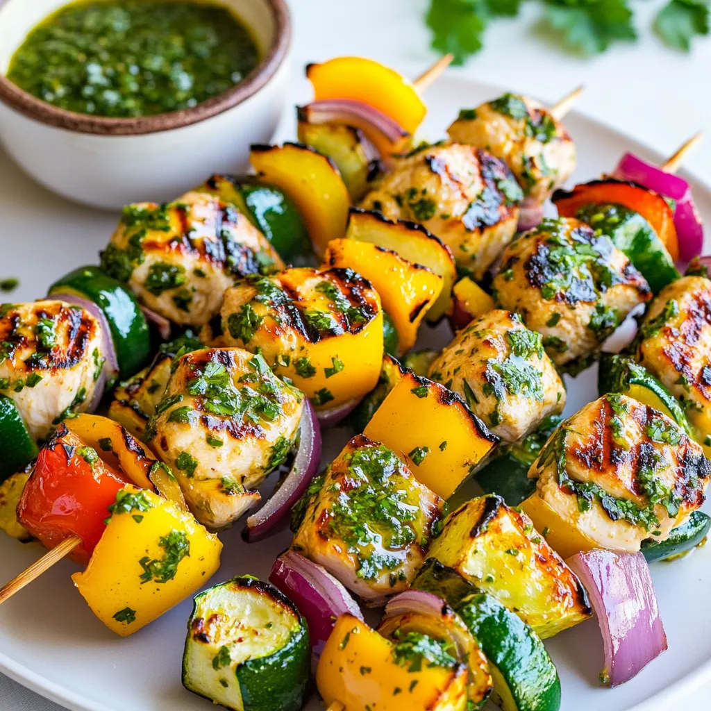 To make tasty chimichurri chicken kabobs, you need the following main items: - 1 lb chicken breast, cut into 1-inch cubes - 1 bell pepper (any color), cut into 1-inch pieces - 1 red onion, cut into wedges - 1 zucchini, sliced into thick rounds - 2 tablespoons olive oil - Salt and pepper to taste These ingredients create a colorful and flavorful mix. The chicken provides protein, while the veggies add crunch and color. Chimichurri sauce is what makes these kabobs shine. Here’s what you need: - 1 cup fresh parsley, chopped - 1/2 cup fresh cilantro, chopped - 2 garlic cloves, minced - 1/4 teaspoon red pepper flakes (adjust to taste) - 1/4 cup red wine vinegar - 1/3 cup olive oil - Salt and pepper to taste This sauce packs a punch. It’s fresh, zesty, and full of flavor. The garlic and herbs blend well with the chicken. You can add some extra flavors if you want. Here are some ideas: - Lemon zest for brightness - Smoked paprika for a hint of smokiness - Cumin for an earthy taste These seasonings help customize the flavor. Experiment to find what you love best! {{ingredient_image_1}} To make the chimichurri sauce, start with a bowl. Add 1 cup of chopped parsley and 1/2 cup of chopped cilantro. Next, mince 2 garlic cloves and toss them in. If you like heat, add 1/4 teaspoon of red pepper flakes. Pour in 1/4 cup of red wine vinegar and 1/3 cup of olive oil. Finally, sprinkle in salt and pepper to taste. Mix everything well and let it sit. This allows the flavors to blend for a bright, zesty sauce. Now, take 1 pound of chicken breast and cut it into 1-inch cubes. Place the chicken in a bowl. Add 2 tablespoons of your chimichurri sauce, along with 2 tablespoons of olive oil, salt, and pepper. Toss it all together to coat the chicken evenly. Cover the bowl and let it marinate for at least 30 minutes. This step helps the chicken absorb the delicious chimichurri flavors. Grab some skewers for assembly. Start by threading the marinated chicken onto the skewer. Then, add pieces of bell pepper, onion wedges, and thick slices of zucchini. Alternate the ingredients to create a colorful display. Each kabob should have a nice mix of chicken and veggies. This not only looks great but adds different flavors and textures. Preheat your grill to medium-high heat. Once hot, place the skewers on the grill. Cook the kabobs for about 10 to 12 minutes. Turn the skewers occasionally to get those beautiful grill marks. You want the chicken to be cooked through and juicy. When done, remove the kabobs and brush them with more chimichurri sauce. This extra layer gives a fresh flavor boost that will impress everyone at your table. Marinating chicken is key for great flavor. I use chimichurri sauce to give it depth. Start by cutting chicken into 1-inch cubes. Place the chicken in a bowl. Add two tablespoons of chimichurri sauce, olive oil, salt, and pepper. Mix well and coat each piece. Let it marinate for at least 30 minutes. You can marinate for up to 2 hours for stronger flavor. Skewering your ingredients correctly makes a big difference. First, choose sturdy skewers. Wooden skewers need soaking in water for 30 minutes. This prevents them from burning on the grill. Alternate chicken cubes with bell pepper, onion, and zucchini. This not only looks great but also helps flavors blend. Make sure to leave space between the pieces. This allows heat to circulate and cook evenly. Getting those perfect grill marks is easy with a few tips. Preheat your grill to medium-high heat. Place the skewers on the grill at a 45-degree angle. Leave them alone for 3-4 minutes. Don’t move them too soon; this helps form nice marks. After flipping, cook for another 3-4 minutes. The chicken should be fully cooked and have a nice char. Pro Tips Marination Time: Allow the chicken to marinate for at least 30 minutes, but for even deeper flavor, try marinating it for a few hours or overnight in the refrigerator. Grill Temperature: Preheat your grill properly to ensure even cooking. A medium-high heat will give you those beautiful grill marks while keeping the chicken juicy. Vegetable Variations: Feel free to mix and match vegetables depending on seasonality. Cherry tomatoes, mushrooms, or even pineapple can add a delightful twist to your kabobs. Chimichurri Freshness: For the best flavor, use freshly chopped herbs in your chimichurri sauce. You can also add a squeeze of lemon juice for an extra zesty kick! {{image_2}} You can easily make a vegetarian version of chimichurri kabobs using tofu. Start with firm tofu. Cut it into 1-inch cubes, just like you would for chicken. Press the tofu for 30 minutes to remove excess water. This helps it absorb flavor better. Marinate the tofu in the chimichurri sauce, just like the chicken. Then skewer with veggies and grill. You’ll enjoy a tasty, plant-based dish! Feel free to add more veggies to your kabobs. Mushrooms, cherry tomatoes, or even eggplant work well. Cut them into similar sizes for even cooking. You can also use different colors of bell peppers for a vibrant look. These additions not only enhance flavor but also boost nutrition. They pair perfectly with the chimichurri sauce for a fresh taste. If you want to switch up your protein, chicken is not the only option. Shrimp, beef, and even salmon can work great. For shrimp, use large ones and marinate them like the chicken. For beef or salmon, adjust the cooking time as they cook faster. Each protein brings its own flavor, but they all pair well with chimichurri sauce. Experiment and find your favorite! To store leftover kabobs, let them cool down first. Place the kabobs in an airtight container. This keeps them fresh for up to three days. You can also wrap them tightly in plastic wrap. This method helps prevent drying out. To reheat kabobs, use your oven or microwave. For the oven, preheat it to 350°F. Place the kabobs on a baking sheet and cover them with foil. Heat for about 10-15 minutes until warm. If using a microwave, heat them in 30-second intervals. This way, they stay juicy and delicious. You can freeze kabobs for later. Wrap each kabob tightly in plastic wrap. Then, place them in a freezer bag. Be sure to remove as much air as possible. They will last up to three months in the freezer. When you’re ready to eat them, thaw in the fridge overnight before reheating. Yes, you can use frozen chicken for kabobs. However, it is best to thaw the chicken first. This helps it cook evenly on the grill. Thaw the chicken in the fridge overnight for safe results. If you use frozen chicken, it can take longer to cook. Always check that it reaches 165°F in the center. Chimichurri chicken kabobs pair well with many sides. Here are some great options: - Rice: Fluffy white rice or cilantro lime rice adds flavor. - Salad: A fresh green salad with cucumbers and tomatoes is refreshing. - Grilled Vegetables: Extra grilled veggies like asparagus or corn complement the kabobs. - Pita Bread: Warm pita bread is perfect for dipping in chimichurri sauce. You can marinate the chicken for at least 30 minutes. For more flavor, try marinating it for 2 to 4 hours. Avoid marinating for over 24 hours. The acid in the sauce can break down the chicken and make it mushy. Yes, chimichurri sauce is gluten-free. The main ingredients are herbs, garlic, vinegar, and olive oil. None of these contain gluten. Always check labels if you use store-bought sauces to ensure they remain gluten-free. Chimichurri chicken kabobs are simple and tasty. We covered the main ingredients, like chicken and herbs. Next, we made a flavorful chimichurri sauce. We talked about marinating and grilling tips for perfect kabobs. You can even try vegetarian options like tofu. Remember, proper storage keeps leftovers fresh. Enjoying this dish is easy and fun. Now, gather your ingredients and start making delicious chimichurri kabobs today!