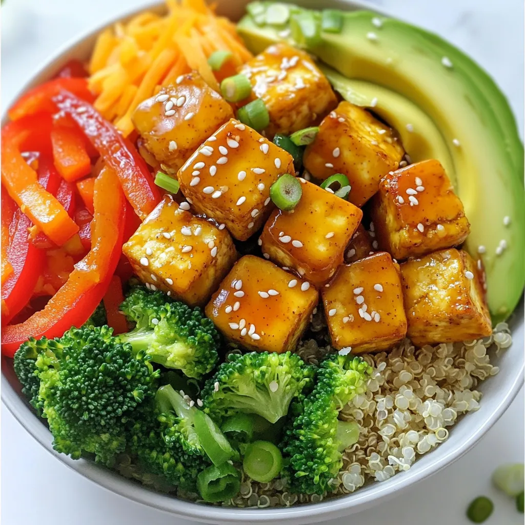 To make Sweet Chili Tofu Buddha Bowls, you need a few key items. Here’s what to gather: - 1 block (14 oz) firm tofu, drained and pressed - 3 tablespoons sweet chili sauce - 1 tablespoon soy sauce - 1 tablespoon sesame oil - 2 cups cooked quinoa (or brown rice) - 1 cup broccoli florets - 1 red bell pepper, sliced - 1 carrot, shredded - 1 avocado, sliced - 1/4 cup green onions, chopped - 1 tablespoon sesame seeds - Salt and pepper to taste These ingredients give the bowl its great taste and texture. The tofu gets crispy, while the veggies add color and crunch. You can customize your Buddha bowl with extra toppings. Here are some ideas: - Sliced radishes for a peppery bite - Cucumber slices for freshness - Fresh cilantro for a herbaceous note - A drizzle of extra sweet chili sauce for more flavor Feel free to mix and match these toppings to fit your taste. Each option adds its own twist. Sweet Chili Tofu Buddha Bowls are not just tasty; they are also good for you. Here’s a breakdown of what’s in them: - Protein: Tofu and quinoa provide a solid protein boost. - Fiber: The veggies and quinoa help keep you full. - Healthy Fats: Avocado adds healthy fats for heart health. - Vitamins and Minerals: You’ll find vitamins A, C, and K in the veggies. This bowl is a balanced meal. It fuels your body and satisfies your hunger. {{ingredient_image_1}} First, preheat your oven to 400°F (200°C). This step ensures your tofu gets nice and crispy. Next, drain and press your block of firm tofu. This helps remove excess moisture. Cut the tofu into small cubes and place them in a mixing bowl. In a separate small bowl, whisk together the sweet chili sauce, soy sauce, and sesame oil. Pour this mixture over the tofu cubes. Gently toss to coat each piece well. Spread the marinated tofu on a lined baking sheet. Season with a pinch of salt and pepper. Bake for 25-30 minutes, flipping halfway through. You want the tofu to turn golden and crispy. While the tofu bakes, steam your broccoli florets until tender. This should take about 5-7 minutes. Set the broccoli aside once it's ready. Now, cook your quinoa or brown rice if you haven't already. This will be the base of your bowl. Once cooked, fluff it with a fork to keep it light and airy. Prepare your other veggies too. Slice the red bell pepper and shred the carrot. These fresh veggies add color and crunch to your bowl. To assemble your Buddha bowl, start with a scoop of cooked quinoa at the base. This grain adds a hearty texture. Next, arrange the baked tofu on top of the quinoa. Follow this with the steamed broccoli, sliced bell pepper, and shredded carrot. Finally, add the sliced avocado for creaminess. For a finishing touch, sprinkle chopped green onions and sesame seeds on top. If you like, drizzle a bit of extra sweet chili sauce over the bowl. This adds extra flavor and makes it look beautiful. Enjoy your colorful and tasty Sweet Chili Tofu Buddha Bowl! To get that perfect crunch on your tofu, start with firm tofu. Press it well to drain excess water. I recommend using a clean kitchen towel or a tofu press. Cut the tofu into small cubes for even cooking. Marinate it in sweet chili sauce, soy sauce, and sesame oil. This not only adds flavor but also helps to crisp it up. Bake the tofu at 400°F (200°C) on a parchment-lined tray. Spread the cubes out in a single layer. Don’t overcrowd them. Flip the tofu halfway through baking. This ensures they cook evenly and turn golden brown. Trust me, crispy tofu makes all the difference in your Buddha bowl! Meal prepping can save you time. Cook a larger batch of quinoa or brown rice. Store it in airtight containers in the fridge. This makes assembly quick during busy days. You can also bake extra tofu. Keep it in the fridge for up to three days. For the veggies, chop them ahead of time. Store them separately to keep them fresh. Avocado can brown quickly, so add that just before serving. This keeps your bowl looking and tasting fresh. Pair your Sweet Chili Tofu Buddha Bowl with simple side dishes. A light cucumber salad adds a refreshing crunch. You can also serve it with edamame for a protein boost. Another good side is a tangy slaw. This adds flavor and texture to your meal. Feel free to mix and match your sides. The goal is to complement the bold flavors in your Buddha bowl. Enjoy experimenting with different combinations! Pro Tips Press Tofu Well: Make sure to press the tofu thoroughly to remove excess moisture. This helps in achieving a crispy texture when baked. Customize Your Veggies: Feel free to add or substitute any seasonal vegetables you have on hand, like snap peas or zucchini, for a colorful and nutritious bowl. Avocado Ripeness: Use ripe avocados for the best flavor and creaminess. If they’re not ripe yet, you can speed up the process by placing them in a brown paper bag with an apple. Extra Sauce: If you love flavor, drizzle some extra sweet chili sauce over the assembled bowl just before serving for a delicious finishing touch. {{image_2}} You can swap tofu for other proteins in your Buddha bowl. Here are some great choices: - Tempeh: This fermented soy product adds a nutty flavor. - Chickpeas: Roasted chickpeas give a nice crunch and protein boost. - Grilled chicken: A classic choice for meat lovers. - Shrimp: Cooked shrimp adds seafood flair. Each option changes the taste and texture, letting you explore new flavors. Feel free to get creative with your veggies. Try these options: - Spinach: Fresh or sautéed, it adds a nutrient boost. - Zucchini: Roasted or spiralized, it brings a light crunch. - Edamame: These green soybeans add protein and texture. - Cucumber: Fresh slices add a refreshing crunch. Mix and match veggies to find your favorite combinations. You can easily change the recipe for dietary needs. Here are some ideas: - Gluten-free: Use tamari instead of soy sauce. - Vegan: The recipe is already vegan with tofu and no animal products. - Low-carb: Swap quinoa for cauliflower rice. These simple swaps let everyone enjoy a tasty meal. To keep your Sweet Chili Tofu Buddha Bowls fresh, store them in airtight containers. This will help lock in flavor and moisture. Separate the tofu and veggies from the quinoa. This keeps everything crisp. You can store leftovers in the fridge for up to three days. Make sure to label your containers with the date. When you reheat, aim for even warmth without overcooking. The best way is to use a microwave. Heat the quinoa and veggies on medium power for 1-2 minutes. Stir halfway through to ensure even heating. For the tofu, you can use an oven or an air fryer. Heat it at 350°F (175°C) for about 10 minutes. This will help it stay crispy. Freezing is a smart choice for meal prep. You can freeze cooked quinoa and tofu separately. Place them in freezer-safe bags or containers. Make sure to remove as much air as possible. For tofu, freeze it before marinating. This gives it a spongy texture, making it soak up flavors better. You can keep these in the freezer for up to three months. When you’re ready, just thaw in the fridge overnight before reheating. Yes, Sweet Chili Tofu Buddha Bowls can easily be vegan. The main ingredients are already plant-based. Tofu is a great source of protein, and using quinoa or brown rice makes it filling. Just ensure that your sweet chili sauce does not contain any animal products. Most brands offer vegan options. You can store leftovers in the fridge for about three days. Make sure to keep the tofu and veggies in an airtight container. This helps keep them fresh. When you’re ready to eat, just reheat in the microwave or on the stove until warm. If you need a substitute for sweet chili sauce, try mixing equal parts of honey and soy sauce. You can also use a mix of sriracha and sugar for a similar flavor. Adjust the sweetness to your taste. Another option is to blend red pepper flakes with a little maple syrup. This gives a nice kick while keeping it sweet. Tofu Buddha bowls are simple and fun to make. You learned about main ingredients, cooking methods, and tips for perfect tofu. I shared ideas for variations and storage tips to keep your bowl fresh. Remember, you can mix and match as you like. This dish is all about what you enjoy. Use this guide to create a meal full of flavor and nutrients. Enjoy making bowls that fit your taste and needs!