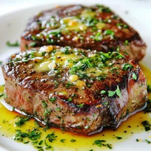 To create the Garlic Herb Butter Steak Skillet, gather these key ingredients: - 2 ribeye steaks (about 1-inch thick) - 4 tablespoons unsalted butter - 4 cloves garlic, minced - 1 tablespoon fresh rosemary, chopped - 1 tablespoon fresh thyme, chopped - Salt and freshly ground black pepper, to taste - 1 tablespoon olive oil - Optional: Fresh parsley, chopped (for garnish) Each ingredient plays a vital role in making this dish flavorful and satisfying. The ribeye steaks give a rich taste, while the garlic and herbs add depth. Unsalted butter brings a creamy texture that enhances the overall dish. Using fresh herbs like rosemary and thyme elevates the flavor profile. The olive oil creates a nice sear on the steak. You can also adjust seasonings to your taste. Fresh parsley makes a lovely garnish, adding a pop of color. Having these ingredients ready will set you up for a delicious meal. Enjoy the process of cooking and savor each bite! {{ingredient_image_1}} First, take your ribeye steaks out of the fridge. Let them sit at room temperature for 30 minutes. This step helps the steaks cook evenly. Next, season both sides of the steaks with salt and black pepper. Don’t be shy! A good amount of seasoning makes a big difference. For this recipe, I recommend using a cast-iron skillet. It retains heat well and gives a nice sear. Heat the skillet over medium-high heat. Add olive oil and wait until it shimmers but does not smoke. This means it is hot enough for cooking. Once the skillet is hot, add the seasoned steaks. Let them cook for about 4-5 minutes without moving them. This forms a great crust. After that, flip the steaks over. Now, add butter, minced garlic, rosemary, and thyme to the skillet. As the butter melts, use a spoon to baste the steaks with the garlic herb butter. Cook for another 4-5 minutes for medium-rare, or until your preferred doneness. After cooking, it’s important to let the steaks rest. Place them on a plate and let them sit for 5 minutes. This allows the juices to redistribute, making every bite juicy and tender. When you are ready to serve, slice the steaks against the grain. This makes the meat more tender to chew. Drizzle the leftover garlic herb butter from the skillet over the slices. If you like, garnish with fresh parsley for a pop of color. Enjoy your meal! To get the best steak, you need to know the right temperatures. Here are some guides for steak doneness: - Rare: 120-125°F - Medium Rare: 130-135°F - Medium: 140-145°F - Medium Well: 150-155°F - Well Done: 160°F and above You can check doneness by using a meat thermometer. Insert it into the thickest part of the steak. If you don’t have one, you can use the touch method. Press the steak with your finger. A rare steak feels soft, while well-done feels firm. To store leftovers safely, let the steak cool to room temperature. Place it in an airtight container. It can last in the fridge for up to three days. If you want to keep it longer, consider freezing it. Wrap it tightly in plastic wrap, then foil. When you want to reheat, avoid the microwave if possible. Instead, use a skillet on low heat. This keeps the steak juicy. Heat it for 5-10 minutes, turning often. You can also add a little butter for extra flavor. To make your steak even better, consider using other herbs. Here are some great options: - Oregano - Basil - Sage If you want to add more depth, try marinating the steak. A simple marinade can include: - Olive oil - Lemon juice - Soy sauce Let the steak soak in the marinade for at least 30 minutes before cooking. This adds great flavor and tenderness. Pro Tips Rest the Steaks: Always let your steaks rest after cooking. This allows the juices to redistribute, resulting in a more tender and flavorful bite. Use a Meat Thermometer: For perfectly cooked steaks, use a meat thermometer to check the internal temperature. Aim for 130°F (54°C) for medium-rare. Keep the Skillet Hot: Before adding the steak, ensure your skillet is very hot. This helps achieve a nice sear and locks in the juices. Don’t Overcrowd the Pan: Cook one or two steaks at a time to maintain the skillet's temperature. Overcrowding can lead to steaming instead of searing. {{image_2}} You can switch ribeye for other cuts. Sirloin, filet mignon, or flank steak work well. Each cut has a unique taste and texture. Adjust cooking times based on thickness. For sirloin, cook for about 3-4 minutes per side. For filet mignon, aim for 4-5 minutes each side. Flank steak will need only about 2-3 minutes per side. Always check for doneness. Feel free to mix herbs for new flavors. Try basil, oregano, or sage instead of rosemary and thyme. Each herb adds its own signature taste. You can also use dried herbs if fresh is not available. Adjust the amount, as dried herbs are more potent. A teaspoon of dried herbs is enough for every tablespoon of fresh herbs. Pair your steak with tasty sauces. A red wine sauce is rich and complements the dish well. You can also make a simple pan sauce. After cooking steak, remove it from the pan. Add a splash of broth or wine to the skillet. Scrape up the brown bits with a wooden spoon. Let it simmer until thick. This sauce adds extra flavor and richness to your meal. - Refrigeration tips: After cooking, let the steaks cool. Wrap them tightly in plastic wrap or foil. Place them in an airtight container to keep them fresh. Store in the fridge within two hours of cooking. This helps prevent bacteria growth. - Freezing options: For longer storage, freeze the steaks. Wrap each steak in plastic wrap, then in aluminum foil. Place them in a freezer-safe bag. They can last up to three months frozen. Be sure to label the bags with the date. - How long will it last in the fridge? Cooked steaks can stay fresh in the fridge for about three to four days. Always check for any off smells or changes in texture before eating. - Tips for quality maintenance: To keep your steaks tasty, store them away from strong-smelling foods. This prevents flavor absorption. Keep them in the coldest part of the fridge, usually at the back. - Best practices for reheating without drying out: Reheat your steaks gently. The oven works well for this. Preheat to 250°F (120°C). Place the steak on a baking sheet and cover it with foil. Heat for about 20-30 minutes. This keeps the meat moist. Alternatively, you can use a skillet over low heat. Add a little broth or water to the pan to create steam while reheating. The best steak for skillet cooking is ribeye. Its fat content makes it juicy and flavorful. Other great options are sirloin and New York strip. These cuts also sear well and stay tender. For a medium-rare steak, cook for 4-5 minutes on each side. For medium, extend the time to about 6-7 minutes per side. Always check the internal temperature; aim for 130°F for medium-rare and 140°F for medium. Yes, you can use chicken breast or pork chops. Adjust the cooking time. Chicken should reach 165°F, while pork needs to be at least 145°F. These meats absorb the garlic herb butter flavor well. Serve this steak with roasted veggies or mashed potatoes. A fresh salad or garlic bread pairs nicely too. For a complete meal, consider adding a glass of red wine to enhance the flavors. You now have all the tools to cook the perfect ribeye steak. We covered ingredients, from ribeye to herbs. The step-by-step instructions help you cook, baste, and rest the steaks. We also shared tips for doneness and safe storage. Variations let you explore different cuts and flavors. Enjoy your delicious steak, and impress your friends with your skills! Share this guide with others to spread the joy of cooking. Happy cooking!