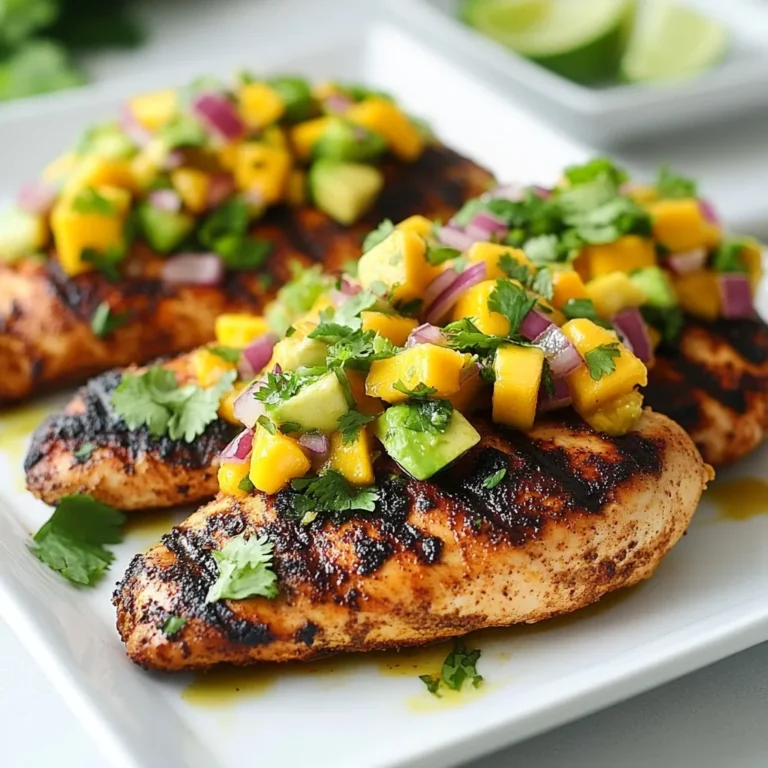 For this Mango Avocado Salsa Chicken, you will need a few key items. Here’s what you’ll gather: - Chicken breasts: 4 boneless, skinless chicken breasts. - Marinade components: - 1 teaspoon garlic powder - 1 teaspoon cumin - 1 teaspoon paprika - 2 tablespoons olive oil - Salt and pepper to taste - Salsa ingredients: - 1 ripe mango, diced - 1 ripe avocado, diced - 1 small red onion, finely chopped - 1 jalapeño, deseeded and minced - 1/4 cup fresh cilantro, chopped - Juice of 1 lime - 1 tablespoon honey (optional for sweetness) Each of these ingredients plays a role in creating bright, bold flavors. The chicken absorbs the spices well, while the salsa adds freshness and creaminess. The sweet mango and creamy avocado work together nicely. The lime juice brightens it all up, making every bite a delight. {{ingredient_image_1}} 1. First, preheat your grill or stovetop grill pan over medium-high heat. This step ensures your chicken cooks evenly and gets those nice grill marks. 2. Next, prepare the marinade. In a small bowl, mix together 1 teaspoon of garlic powder, 1 teaspoon of cumin, 1 teaspoon of paprika, and 2 tablespoons of olive oil. Add salt and pepper to taste. This blend adds great flavor to the chicken. 1. Brush the marinade evenly on both sides of the chicken breasts. Make sure they are well coated. This helps keep the chicken juicy. 2. Grill the chicken for about 6-7 minutes on each side. You want the internal temperature to reach 165°F (75°C). The chicken should no longer be pink in the middle. 3. After grilling, let the chicken rest for a few minutes. This resting period helps the juices settle back in, making the chicken moist and tender. 1. While the chicken rests, prepare the mango avocado salsa. In a medium bowl, combine the diced mango, diced avocado, finely chopped red onion, minced jalapeño, chopped cilantro, lime juice, and honey if you want extra sweetness. 2. Gently toss all the ingredients together. Be careful not to mash the avocado. You want to keep the pieces intact for a nice texture in your salsa. Now your Mango Avocado Salsa Chicken is ready to enjoy! To grill chicken perfectly, set your grill to medium-high heat, around 375°F to 450°F. This temperature makes the chicken cook evenly and keeps it juicy. Place the chicken on the grill and cook it for 6-7 minutes on each side. To check doneness, use a meat thermometer. The chicken should reach 165°F (75°C). If you don’t have a thermometer, cut the chicken. The meat must be white, not pink. To boost the flavor of your salsa, consider adding spices. A pinch of chili powder or a dash of cayenne can add heat. You can also add diced bell peppers or corn for extra crunch. Try different herbs too. Mint or basil can give your salsa a fresh twist. Feel free to mix in some diced fruits like pineapple or peach for a sweet touch. Plating can turn a good meal into a great one. Slice the grilled chicken neatly and place it on a plate. Top it generously with the colorful mango avocado salsa. For garnishing, sprinkle fresh cilantro on top. You can also add lime wedges on the side for a pop of color. A colorful plate makes the dish more appealing and fun to eat! Pro Tips Marinate for Flavor: For even more flavor, let the chicken marinate in the seasoning mix for at least 30 minutes before grilling. Perfectly Ripened Avocado: Choose an avocado that yields slightly to gentle pressure for the best texture in your salsa. Adjust Heat Level: If you prefer a milder salsa, skip the jalapeño or remove the seeds and membranes before mincing. Serve with Sides: This dish pairs beautifully with rice or a fresh green salad for a complete meal. {{image_2}} You can switch out the chicken for shrimp or tofu. Both options work well and add a unique twist. If you want to try different fruits in your salsa, consider using pineapple or peach. These fruits will bring a nice sweetness and freshness to the dish. For those on a low-carb or keto diet, you can use skinless chicken thighs instead of breasts. This small change can keep the meal tasty and fit your diet. If you want a vegan or vegetarian option, try grilled portobello mushrooms instead of chicken. They have a meaty texture and soak up flavors well. You can bake or pan-sear the chicken if you don't have a grill. Baking takes about 25-30 minutes at 375°F (190°C). Make sure the chicken reaches 165°F (75°C). For the salsa, you can add new ingredients like diced bell peppers or mango chutney. These small changes give you a fresh take on the classic recipe. To keep your Mango Avocado Salsa Chicken fresh, store the chicken and salsa separately. This helps maintain the chicken's texture and prevents the salsa from getting mushy. Use airtight containers for storage. Glass containers work best, but any plastic container with a tight seal will do. - Place the chicken in a container with a lid. - Store the salsa in a different container. This way, both will stay fresh for longer. To reheat chicken without drying it out, use the oven. Preheat your oven to 350°F (175°C). Cover the chicken with foil and heat for about 15-20 minutes. This keeps the moisture in. For salsa, it’s best served cold, but if you want it warm, heat it gently on the stovetop. Use low heat and stir often. This helps prevent burning. Yes, you can freeze chicken. For best results, wrap the chicken tightly in plastic wrap, then place it in a freezer bag. Remove as much air as possible. It will stay fresh for up to three months. Salsa is not ideal for freezing. The texture changes when thawed. Instead, enjoy it fresh. If you have extra salsa, store it in the fridge for about 2-3 days. Can I make the mango avocado salsa ahead of time? Yes, you can make mango avocado salsa ahead of time. Store it in the fridge for up to two days. Just remember, the avocado may brown slightly. To slow this down, squeeze more lime juice on top. What sides pair well with Mango Avocado Salsa Chicken? This dish goes well with many sides. Here are some great options: - Rice or quinoa for a filling base - Black beans for added protein - Grilled veggies for a fresh crunch - Tortilla chips for a fun texture How long do I grill chicken for perfect results? Grill chicken for about 6-7 minutes on each side. Check that the internal temperature reaches 165°F (75°C). This ensures your chicken is juicy and safe to eat. Is the salsa safe for meal prep? Yes, the salsa is safe for meal prep. Just store it in an airtight container in the fridge. Use it within two days for the best taste and freshness. Can I use frozen mango or avocado for this recipe? You can use frozen mango, but fresh mango tastes better. Frozen avocado can be mushy, so I recommend fresh avocados instead. What if I can't find ripe avocados? If ripe avocados are hard to find, try these tips: - Look for avocados that yield slightly to gentle pressure. - Place firm avocados in a paper bag for a day or two to ripen. - If all else fails, use guacamole as a substitute. This blog post shared how to make delicious Mango Avocado Salsa Chicken. We covered ingredients, cooking steps, tips, and storage methods. Remember to marinate your chicken well and grill it to perfection. Fresh salsa adds flavor and color, making your dish pop. Experiment with different ingredients and storage practices for variety. Enjoy this tasty meal that impresses family and friends! Eating well can be simple and fun. Try out these recipes, and make it your own!